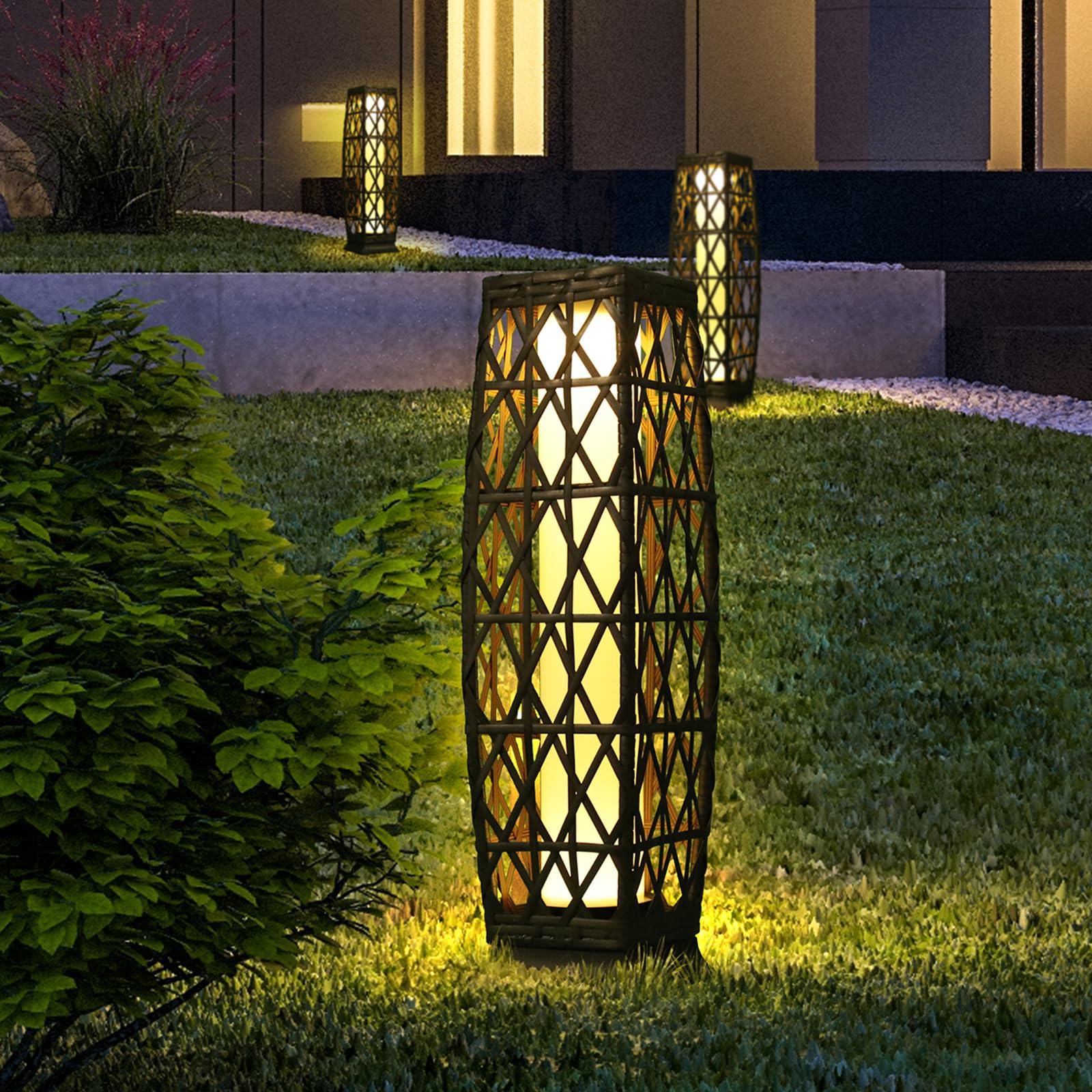 Solar Powered Outdoor Floor Lamp - Waterproof Weather-Resistant Rattan Deck Light for Porch, Garden, Patio & Yard | Solar Lantern with Resin Wicker Design | Perfect for Evening Gatherings, Pathway Lighting & Landscape Decoration