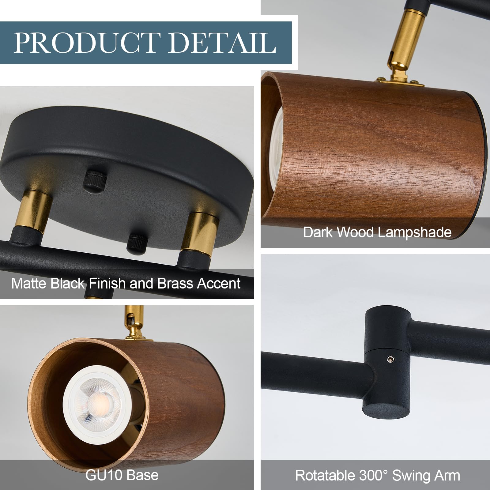 Modern 6-Light Track Lighting 47 Inch - Adjustable Natural Wood & Brass Accent Matte Black Ceiling Fixture - Perfect for Dining Room, Living Room, Kitchen Lighting Decor