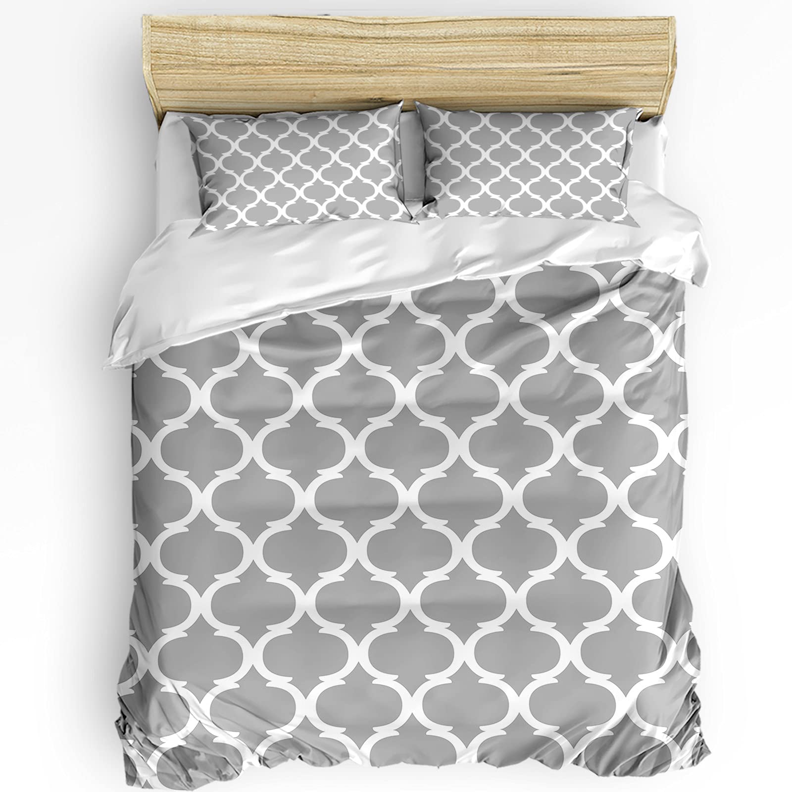 Full Size 3-Piece Duvet Cover Set - Moroccan Geometric Pattern Comforter with 2 Pillow Shams | Lightweight Soft Bedding in Farmhouse Grey | Perfect for Master Bedroom, Guest Room & Dorm Decor