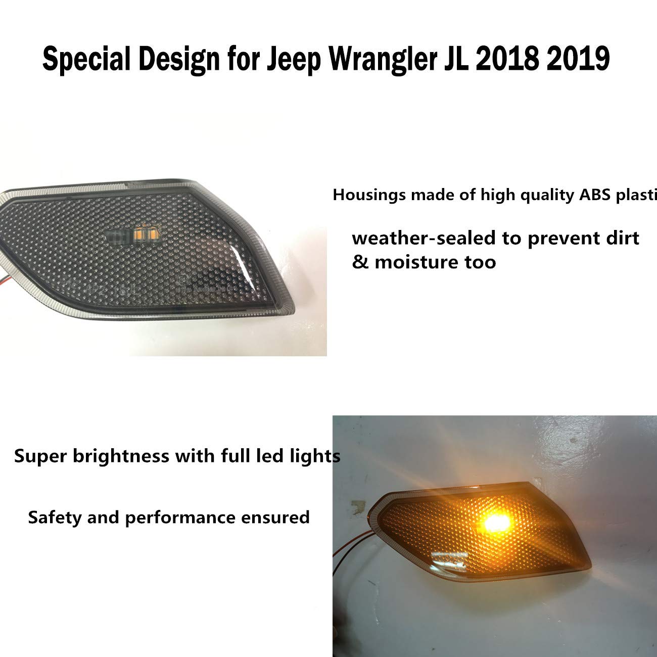 Amber LED Side Marker Lights with Black Lens for 2018-2019 Jeep Wrangler JL (2-Pack) - Durable Front Fender Flares Lighting for Off-Road & Night Driving