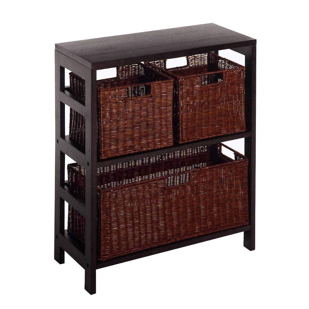 Winsome Wood Leo 3-Tier Storage Shelf with Rattan Baskets (1 Large + 2 Small) - Espresso Finish | Space-Saving Organizer for Bedroom, Bathroom or Kitchen