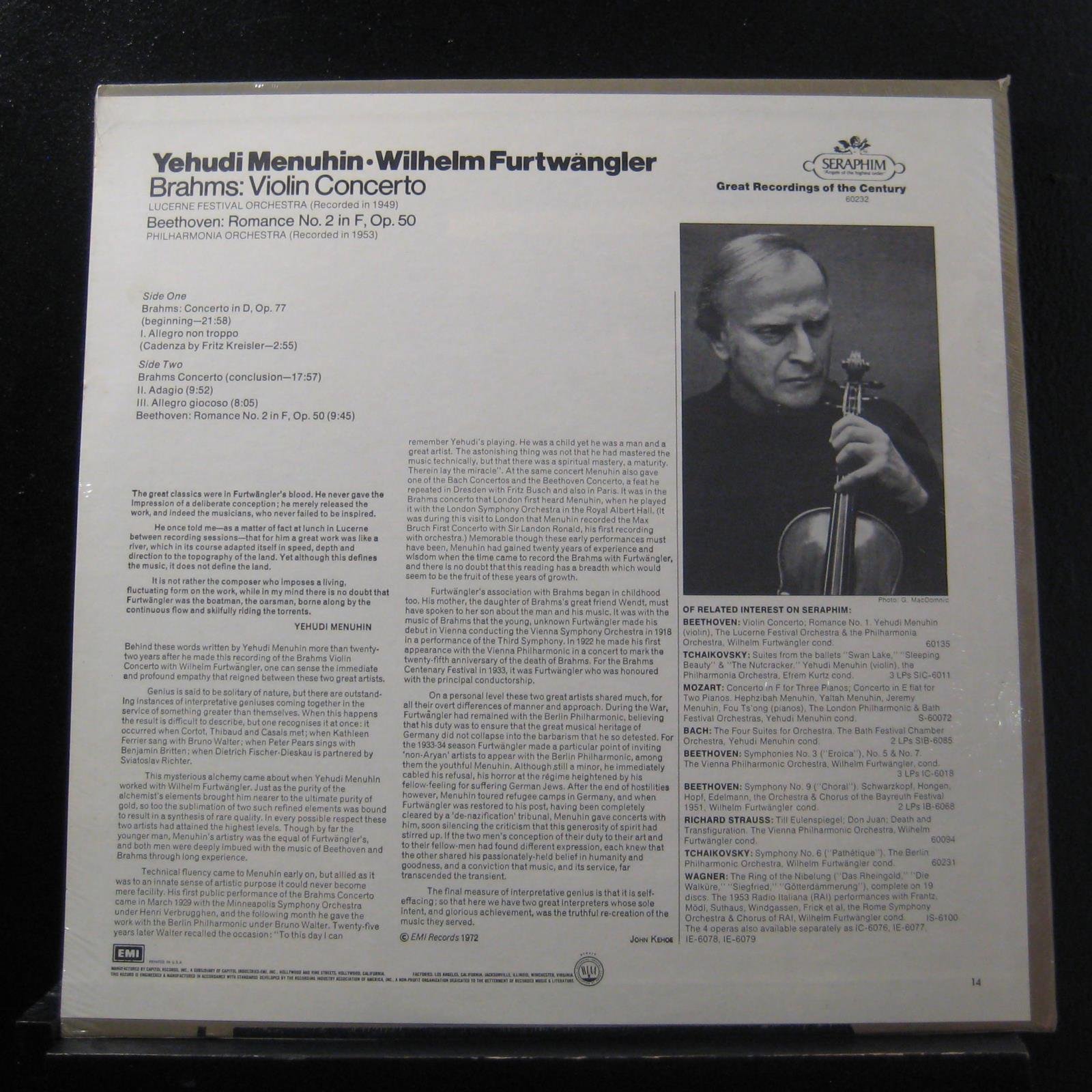 Brahms & Beethoven Violin Concertos - Yehudi Menuhin with Lucerne Festival Orchestra & Philharmonia Conducted by Wilhelm Furtwängler (1949 & 1953 Recordings) - LP Vinyl Record for Classical Music Collectors & Audiophiles