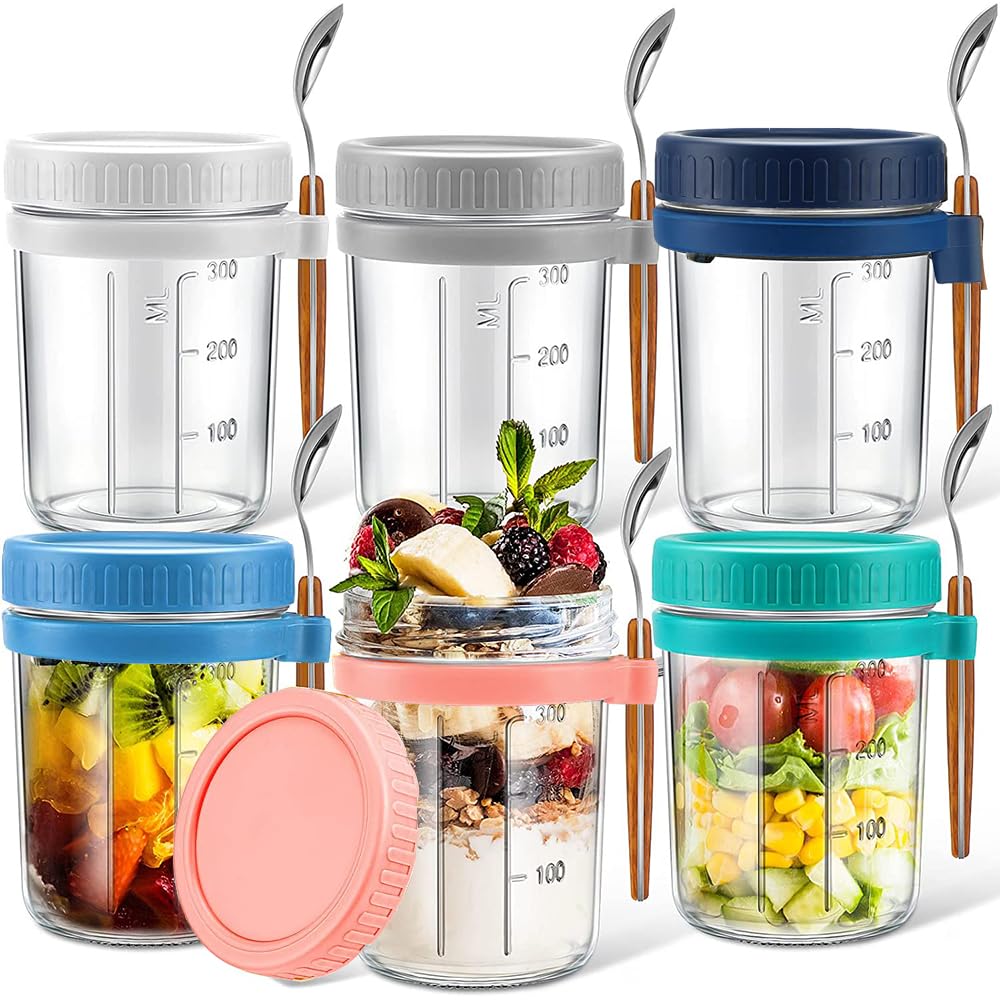 12 oz Glass Mason Overnight Oats Containers with Lids & Spoons - 6 Pack Meal Prep Jars with Measurement Marks for Cereal, Yogurt, Fruit Salad & Healthy Breakfast - Perfect for Office Lunch, Gym Snacks & On-the-Go Meals