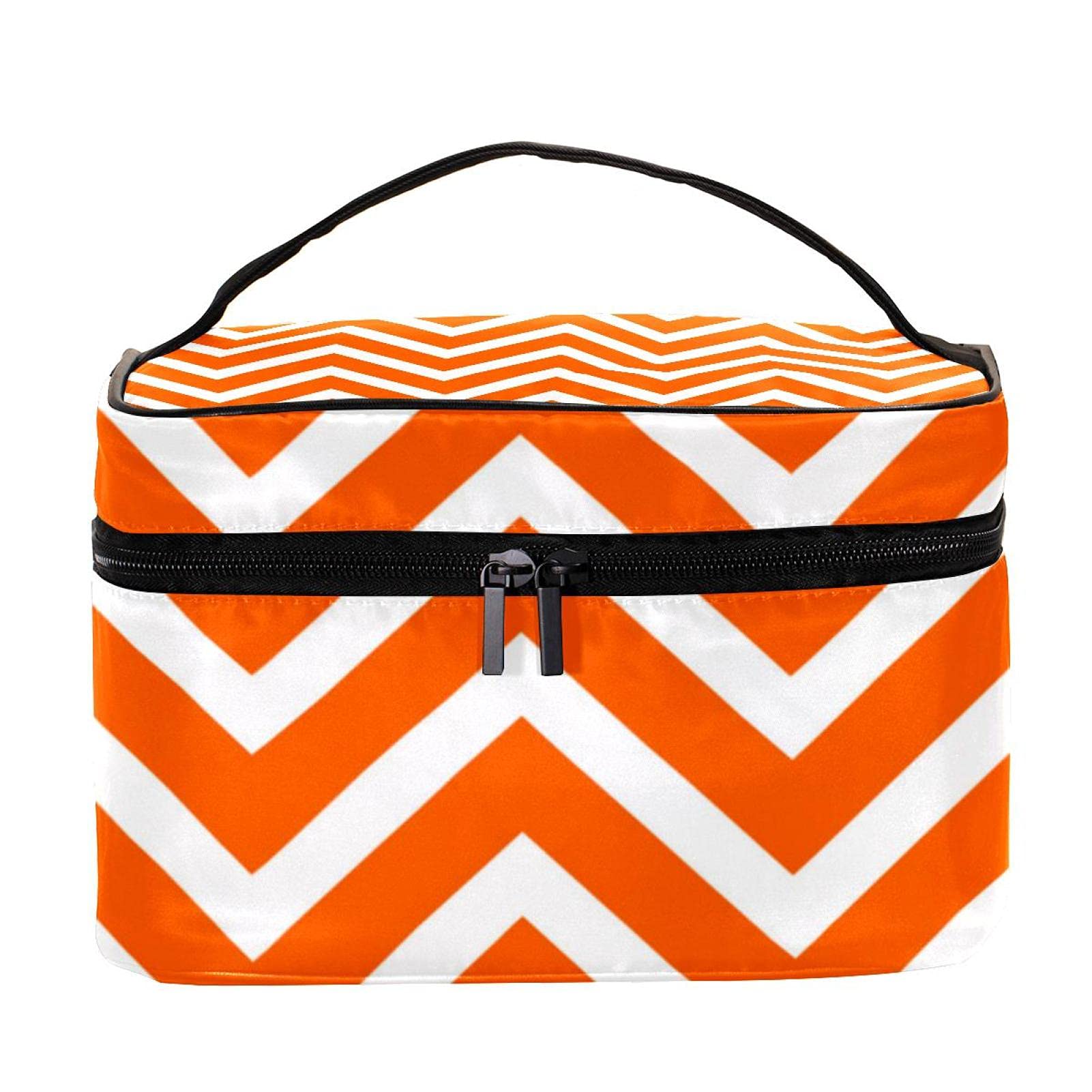 Orange Chevron Striped Large Travel Makeup Bag - Waterproof Cosmetic Organizer with Zipper for Women & Girls | Perfect for Vacation, Gym, Beach Trips & Daily Use