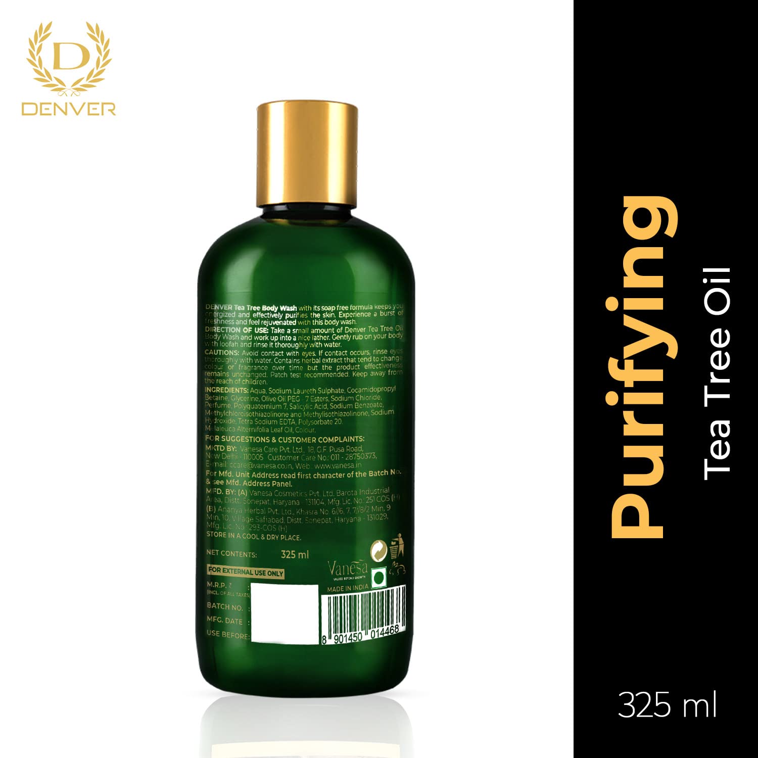 DENVER Purifying Body Wash with Tea Tree Oil - 325ML | Soap-Free Formula for Deep Cleansing | Men's Shower Gel for Acne-Prone & Oily Skin | Refreshing Bath Essential for Gym & Post-Workout Use