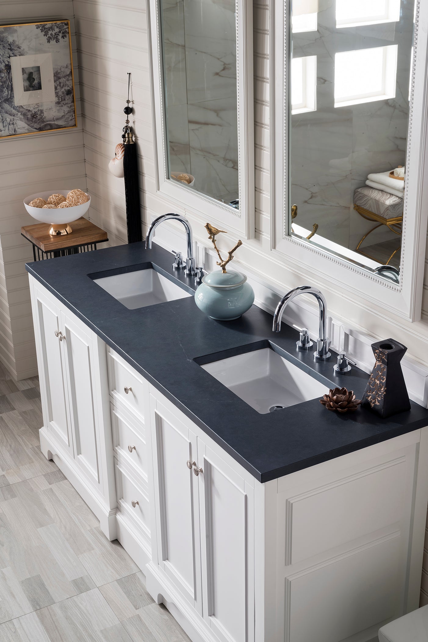 De Soto 72 Inch Double Vanity with Bright White Finish and 3CM Charcoal Soapstone Quartz Top - Perfect for Modern Bathroom Renovations and Master Suite Upgrades