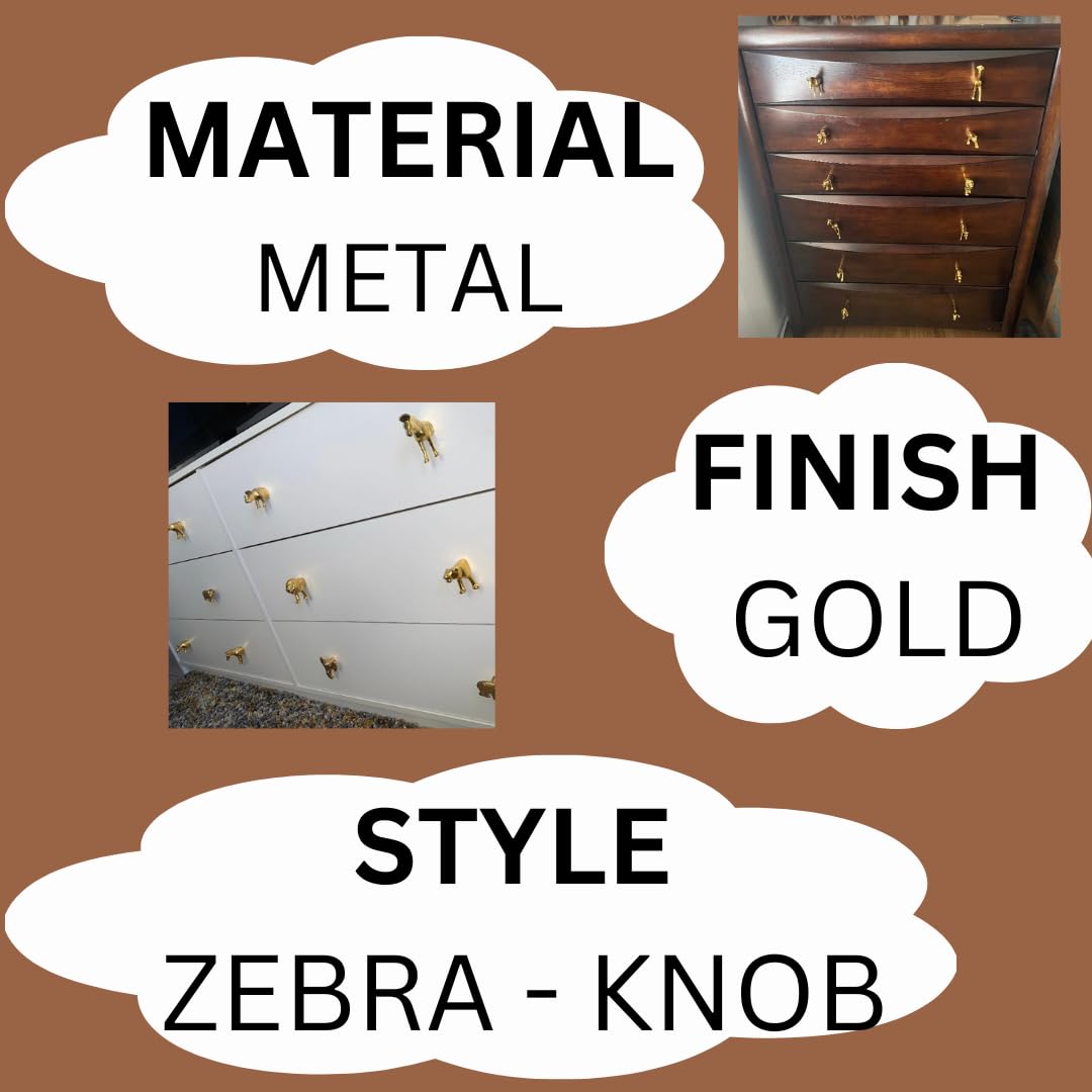 Gold Safari Animal Iron Metal Drawer Knobs - Zebra Design Cabinet Hardware for Dresser, Wardrobe & Furniture - Perfect for Jungle Theme Bedroom & Kids Room Decor
