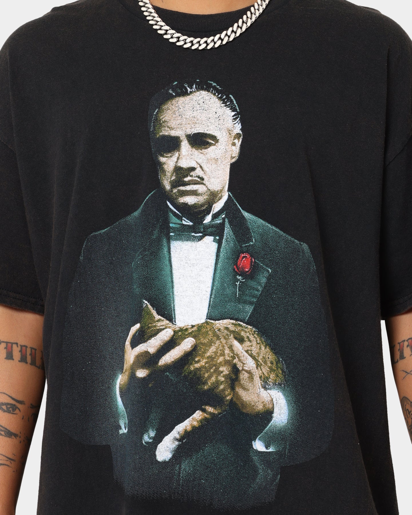 The Godfather Cat Vintage T-Shirt | Black Wash Distressed Tee | American Thrift Graphic Novelty Shirt | Perfect for Movie Fans, Cosplay & Casual Wear
