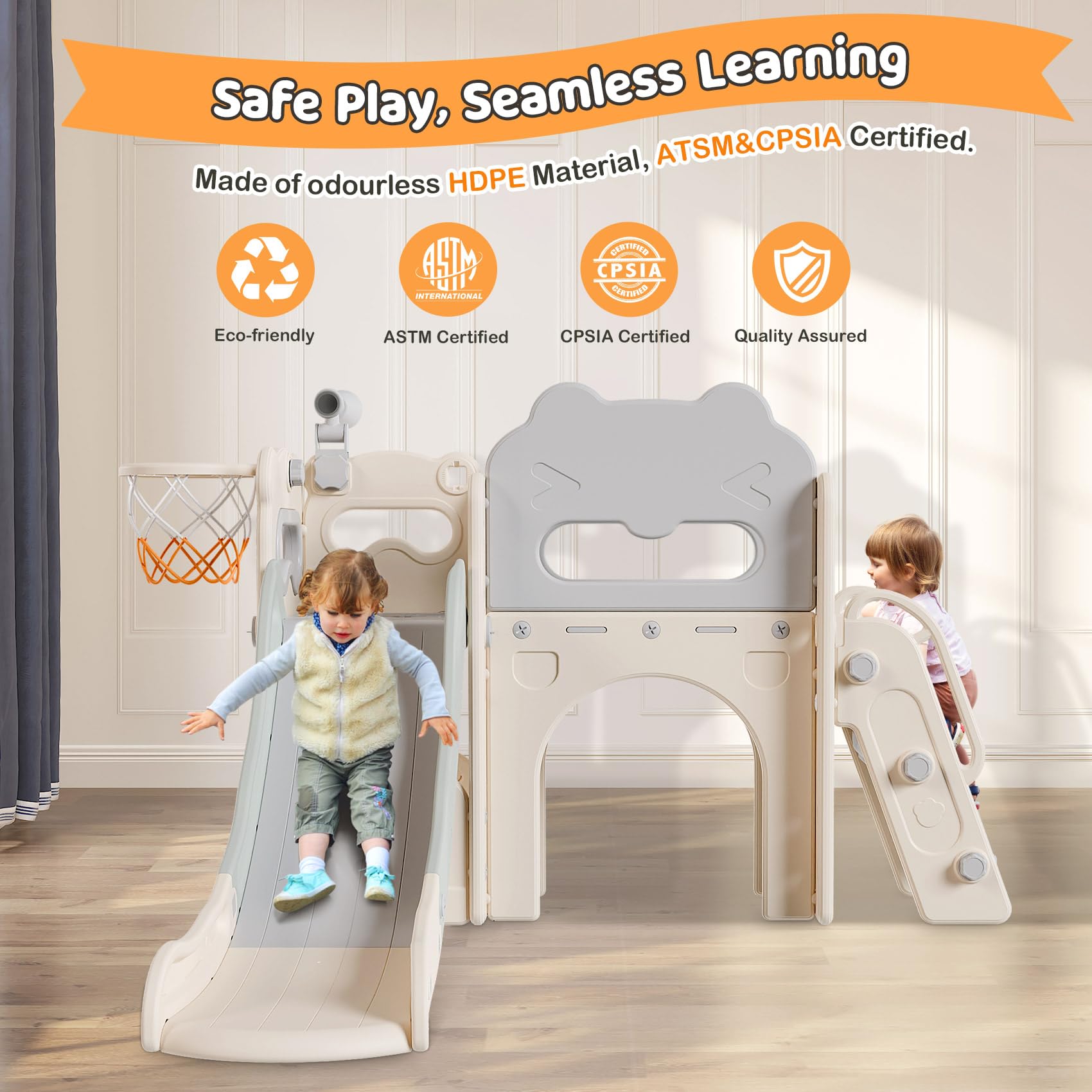 **Babytronic 7-in-1 Toddler Slide & Playset for Kids Ages 1-3 – Indoor & Outdoor Slide with Basketball Hoop & Telescope – Safe & Fun Toddler Playground (White & Gray) – Perfect for Home, Backyard, Daycare & Playrooms**