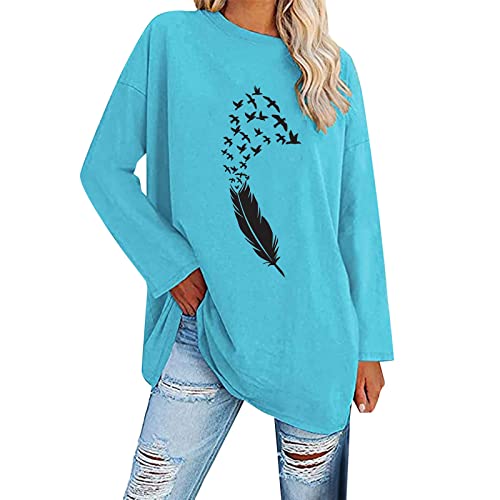 Women's Oversized Long Sleeve T-Shirt - Soft Feather Print Loose Fit Crewneck Tunic Blouse - Casual Comfort Top for Everyday Wear (Sky Blue, Medium) - Perfect for Work, Weekend Outings & Layering