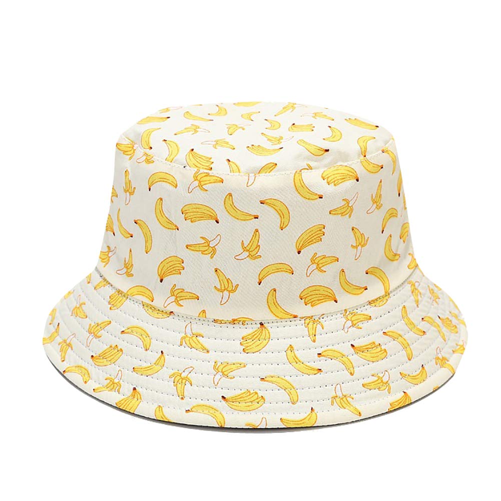 KEKY Summer Beige Print Bucket Hat for Women & Men - Stylish Banana Pineapple Design, Adjustable Casual Sun Hat for Beach, Fishing, Travel & Outdoor Activities - Foldable & Packable