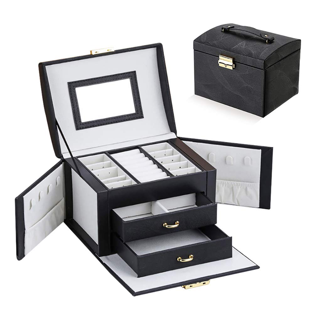 ARTIFUN Faux Leather Jewelry Organizer Box - Vintage Multi-Layer Drawer Storage with Lock for Necklaces, Rings & Earrings - Perfect Gift for Women, Home Decor & Travel Jewelry Case (Pink Black)