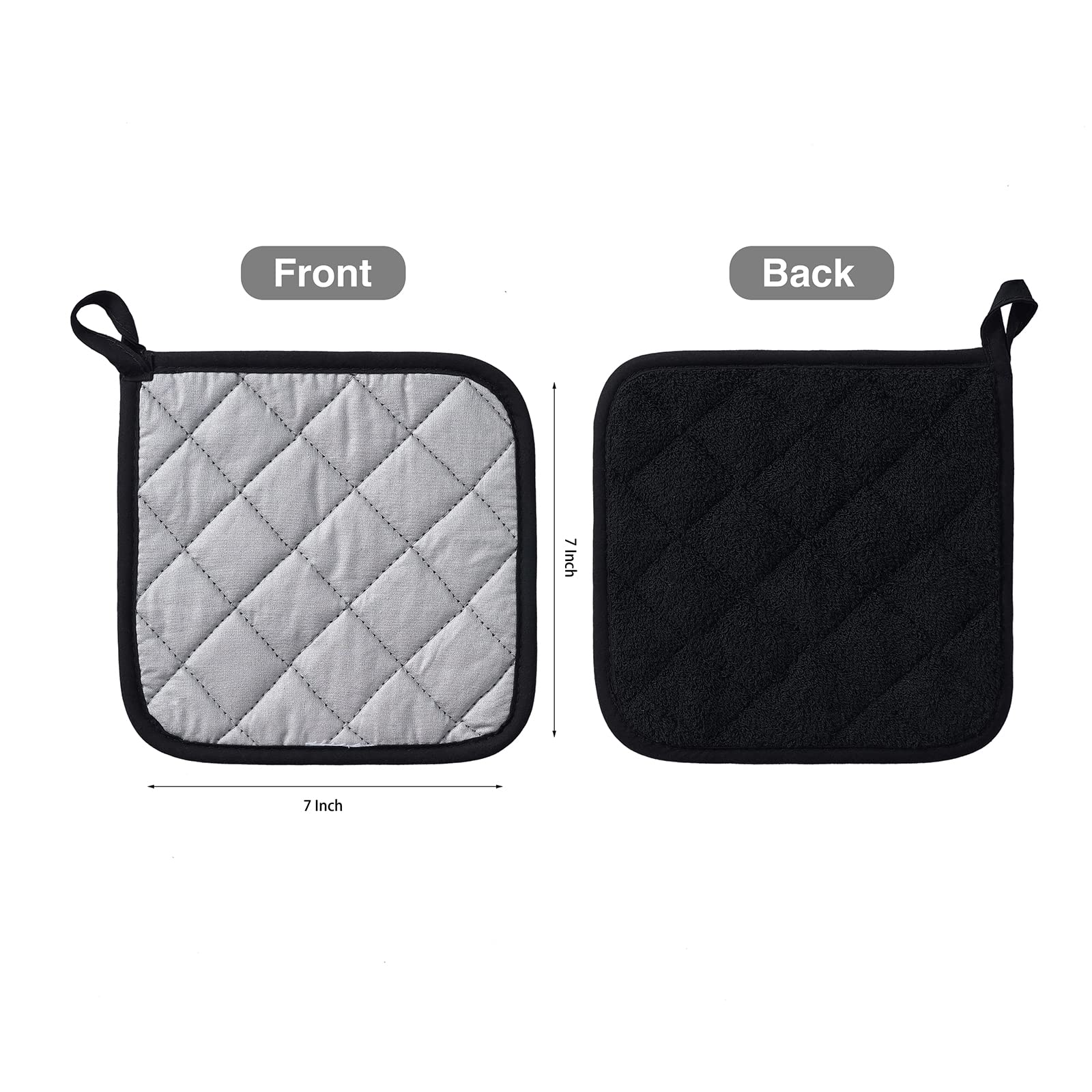 Heat Resistant Cotton Kitchen Pot Holders Set - 7 x 7 Inch (6 Pack) Black - Oven Mitts, Hot Pads & Trivets for Cooking, Baking & Serving - Perfect for Everyday Use, Holiday Meals & Hosting Gifts
