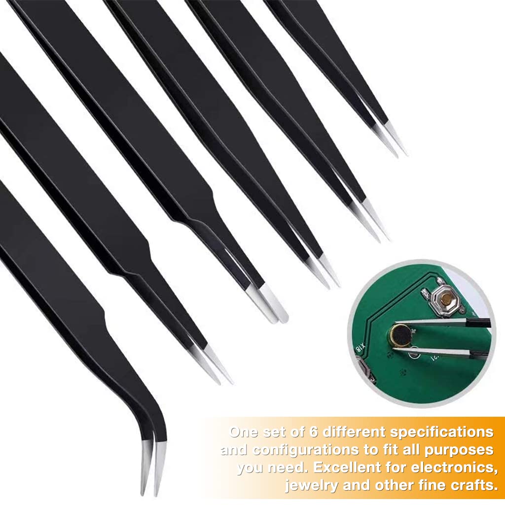 HASTHIP® 6-Piece Anti-Static ESD Tweezers Set for Electronics Repair, Jewelry Making & DIY Crafts - Precision Stainless Steel Tweezers for Watch Repair, PCB Work, Cloisonne Art & Small Parts Handling