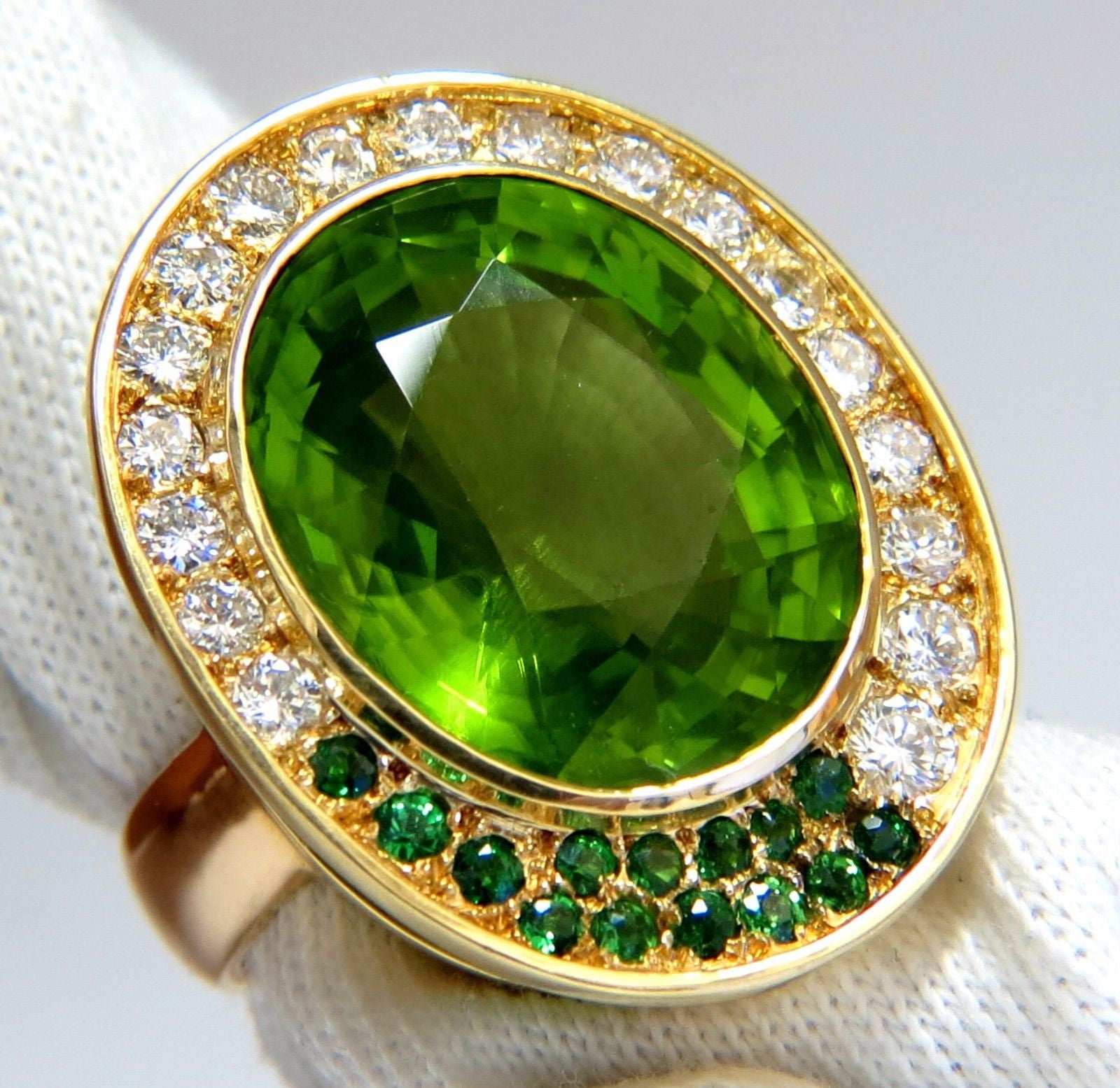 22.50ct Natural Green Peridot & Diamond Demantoid Ring in 14K Gold - Elegant Birthstone Jewelry for August, Perfect for Engagement, Anniversary & Special Occasions