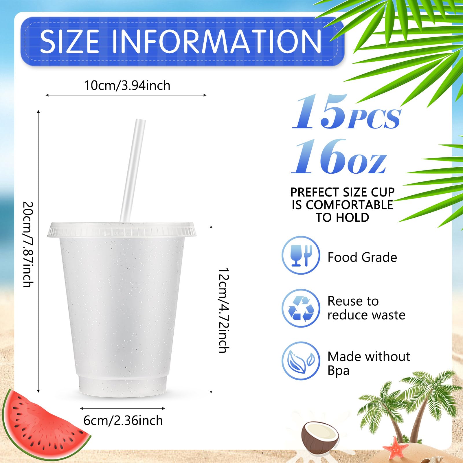 15-Pack Reusable 16oz Glitter Plastic Cups with Lids & Straws - Clear Travel Tumblers for Iced Coffee, Water & Party Drinks | Dishwasher Safe BPA-Free Cups for Home, Office & Outdoor Events