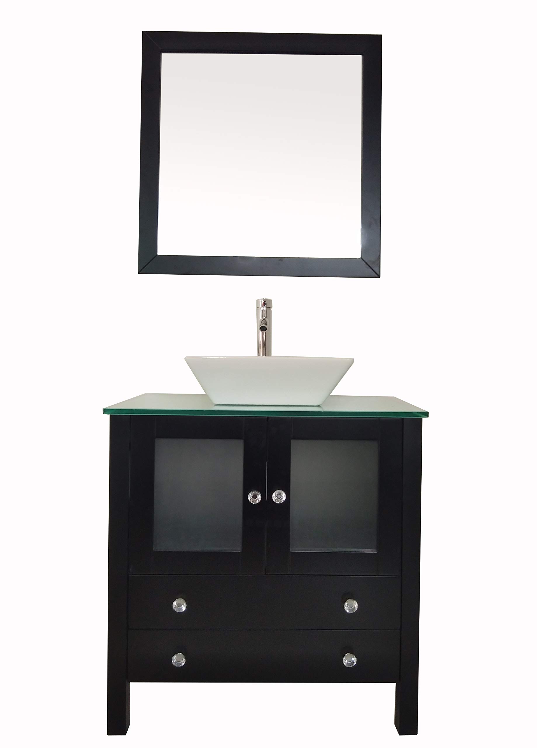 30 Inch Freestanding Modern Bathroom Vanity Set with Ceramic Vessel Sink & Mirror - Solid Wood Construction, Black Finish - Perfect for Small Bathrooms, Powder Rooms & Master Bath Suites