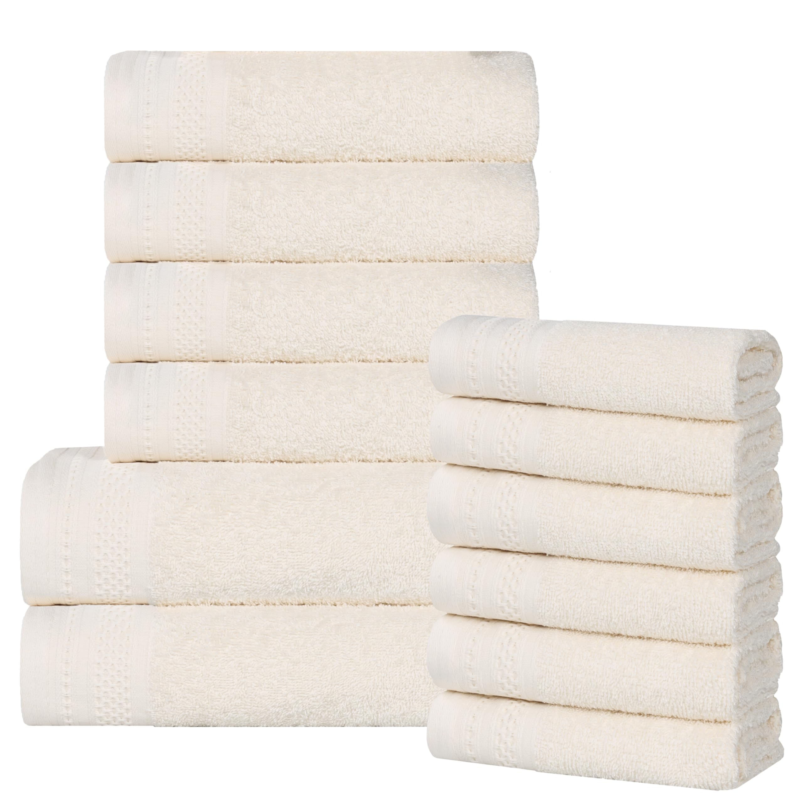 Premium 100% Cotton 500 GSM Honeycomb Bath Towel Set - 12 Piece (6 Washcloths, 4 Hand Towels, 2 Bath Towels) | Ultra Absorbent, Quick Dry & Mid-Weight | Jacquard & Solid Ivory Design | Perfect for Bathroom, Spa, Beach & Gym Use