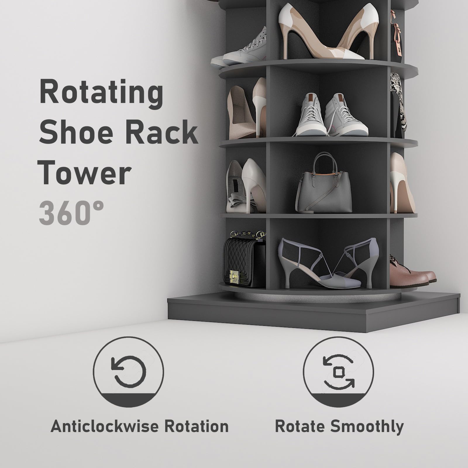360° Rotating Shoe Rack - 6-Tier Free Standing Spinning Shoe Organizer with Wooden Frame, Holds 24 Pairs - Modern Grey Shoe Storage Cabinet for Closet, Entryway, Living Room - Perfect for Small Spaces & Shoe Lovers