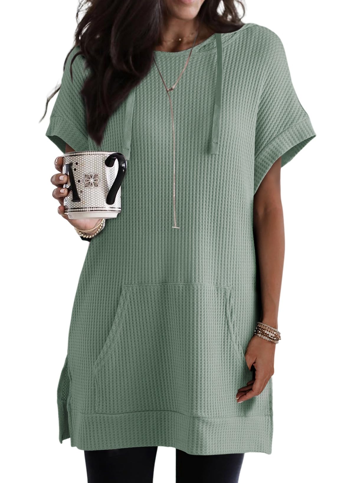 Dokotoo Women's Summer Oversized Shirts 2025 - Short Sleeve Drawstring Hoodies, Waffle Knit Side Slit Tunic Tops with Pocket - Casual Beachwear, Vacation Outfits & Lounge Wear