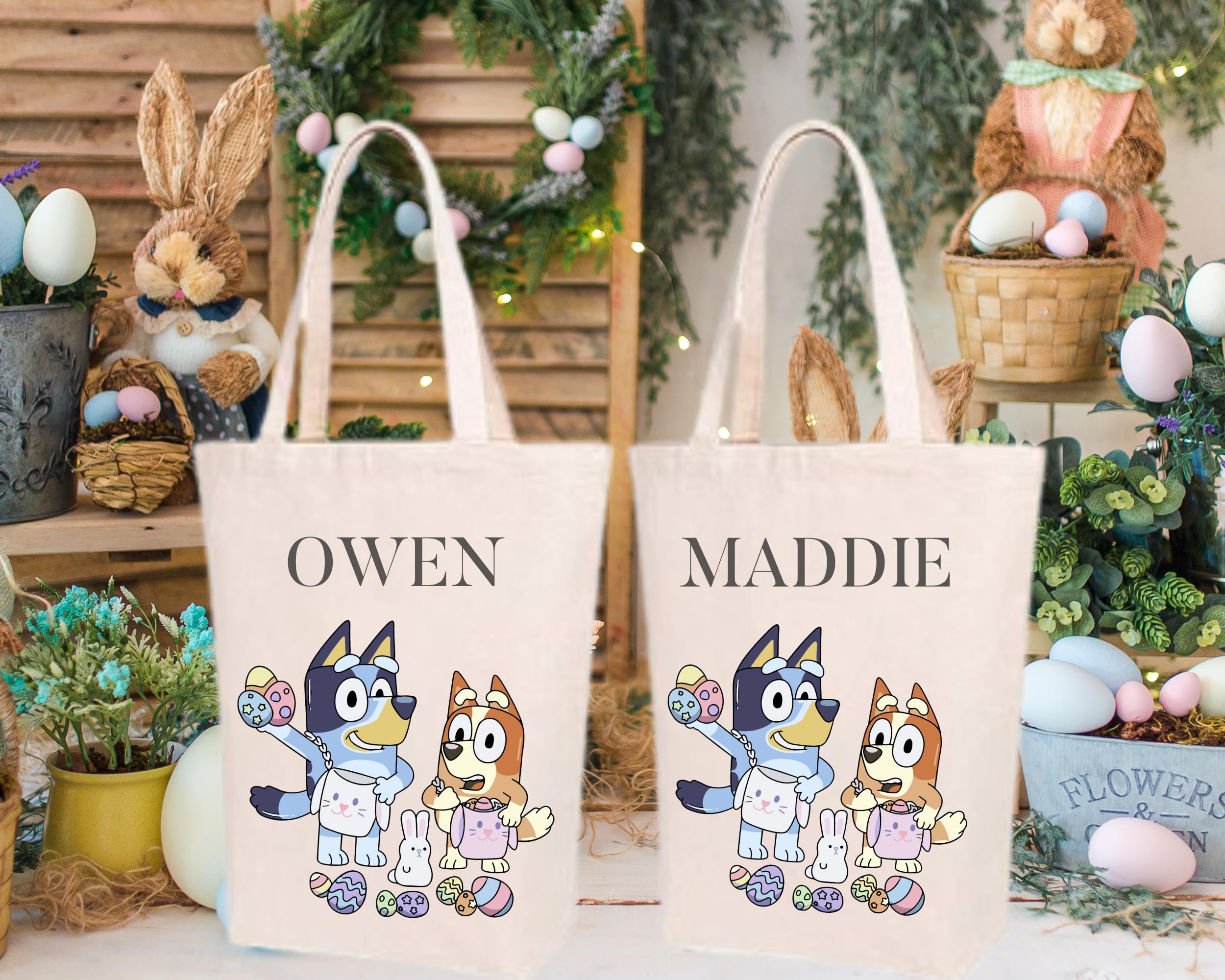 Personalized Blue Easter Basket Bag for Boys & Girls - Custom Bluey Themed Kids Easter Gift Set with Stuffer Space (13