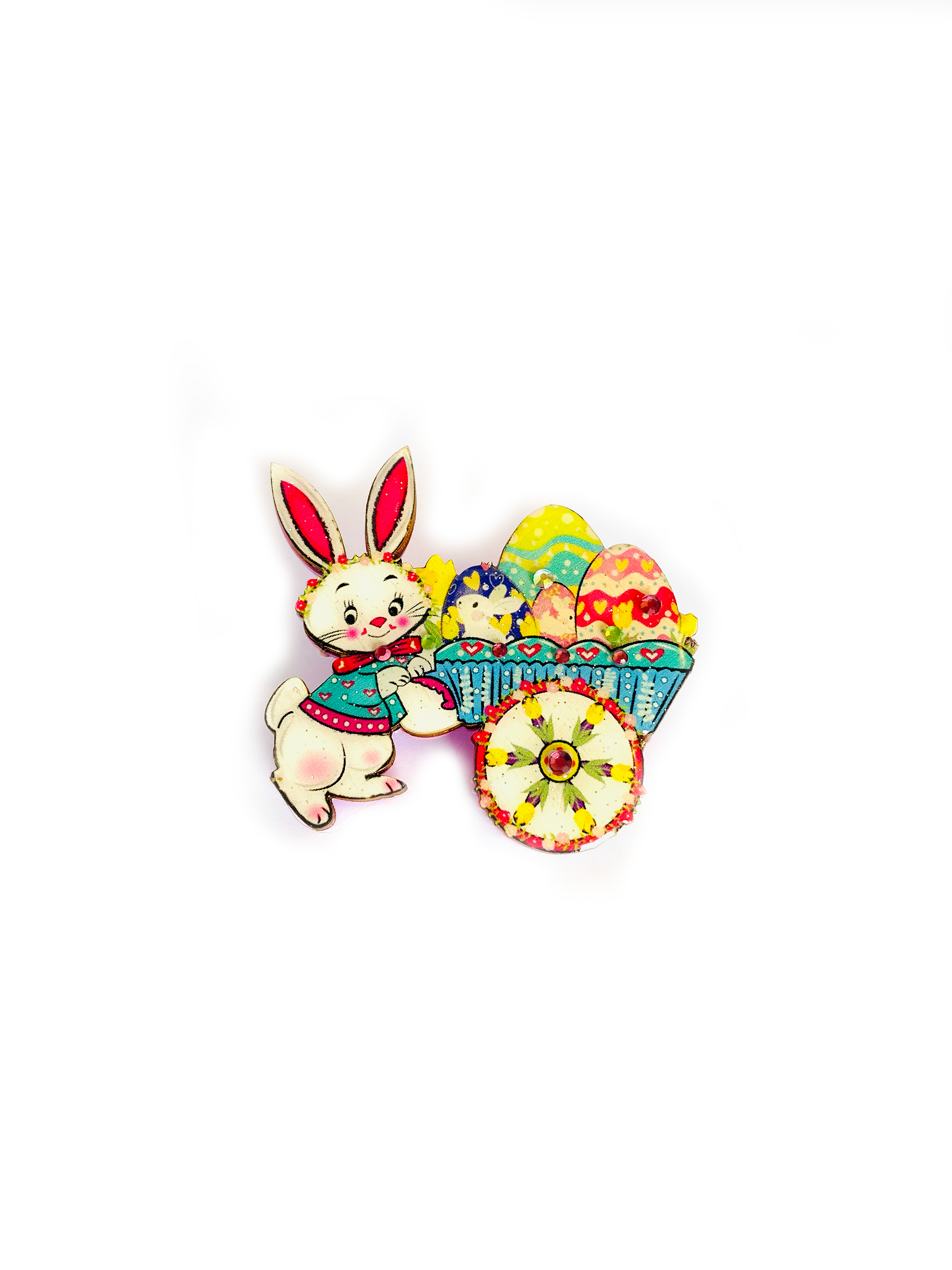 Benny Bunny Easter Egg Cart Brooch - Handmade Bunny Rabbit Pin by Rosie Rose Parker - Perfect for Easter Gifts, Spring Fashion & Collectible Jewelry