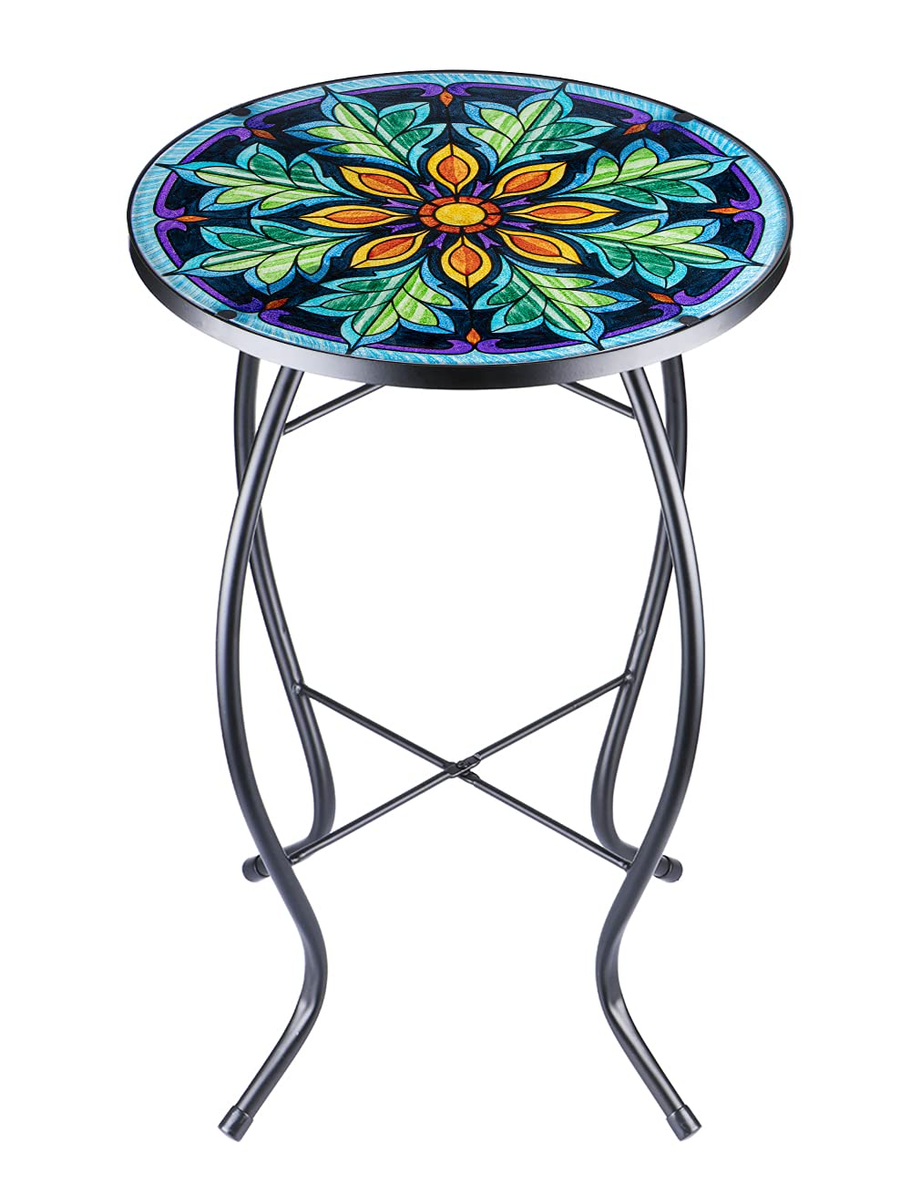 VCUTEKA Outdoor Mosaic Side Table - Round Glass Top End Table for Patio, Balcony, Porch & Indoor Use - Perfect for Coffee, Drinks & Decor