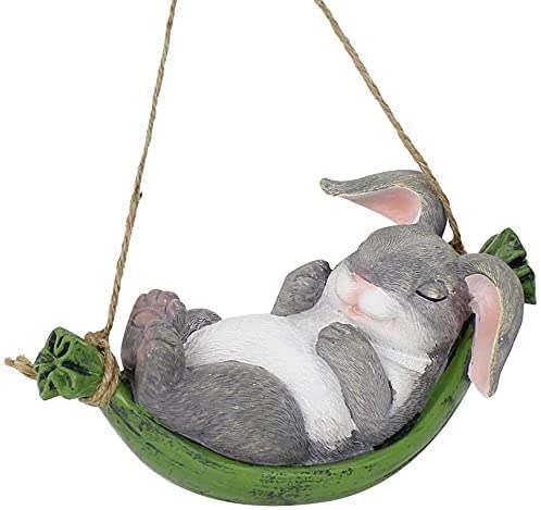 Funny Outdoor Hanging Rabbit Statues - Small Animal Garden Sculpture & Fairy Garden Decor - Swinging Rabbit Leaf Hammock for Lawn, Patio, Yard Decoration - Perfect for Backyard Parties & Spring Garden Themes