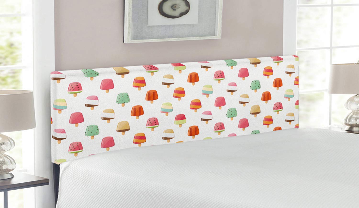 Ambesonne Ice Cream Themed Headboard - Queen Size Upholstered Metal Bed Frame with Memory Foam | Watermelon, Kiwi, Orange, Cherry & Chocolate Flavor Design | Vibrant Multicolor Decor for Bedroom, Kids Room or Ice Cream Shop Theme