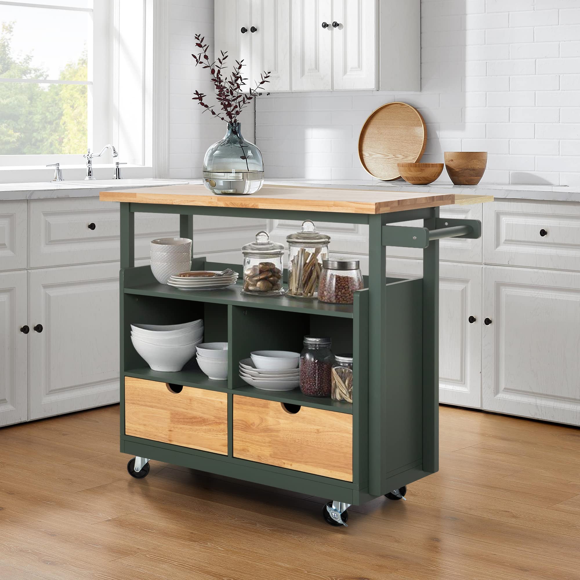 PHI VILLA Mobile Kitchen Island Cart with Butcher Block Top - Rolling Kitchen Trolley with Storage for Food Prep & Cooking | Perfect for Small Kitchens, Apartments & Entertaining