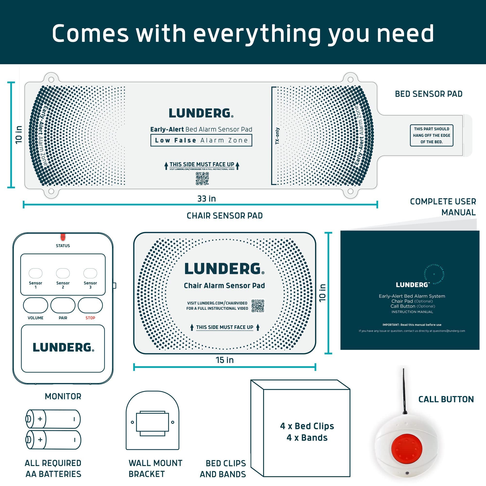 Lunderg Wireless Bed Alarm & Chair Alarm System with Call Button - Caregiver Alert Sensor Pad for Elderly Safety - Fall Prevention for Seniors at Home or Healthcare Facilities