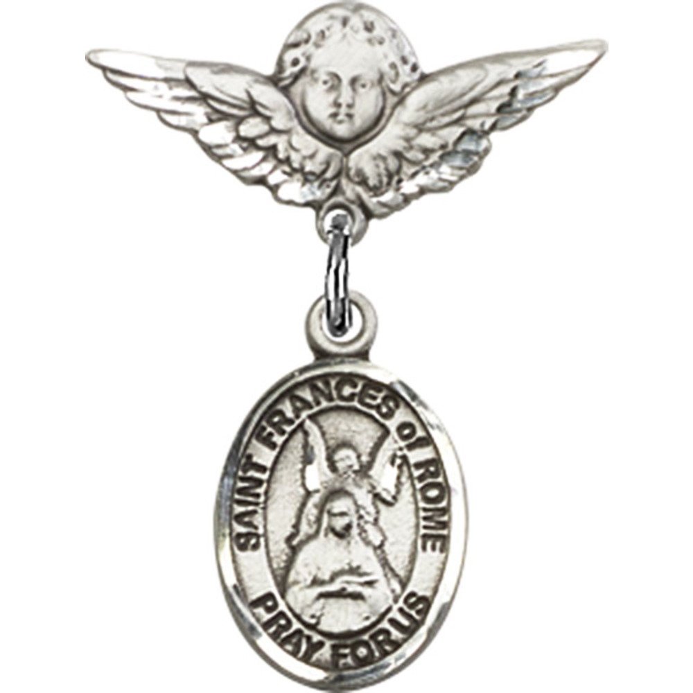 St. Frances of Rome Sterling Silver Baby Badge with Angel Wing Charm - 7/8