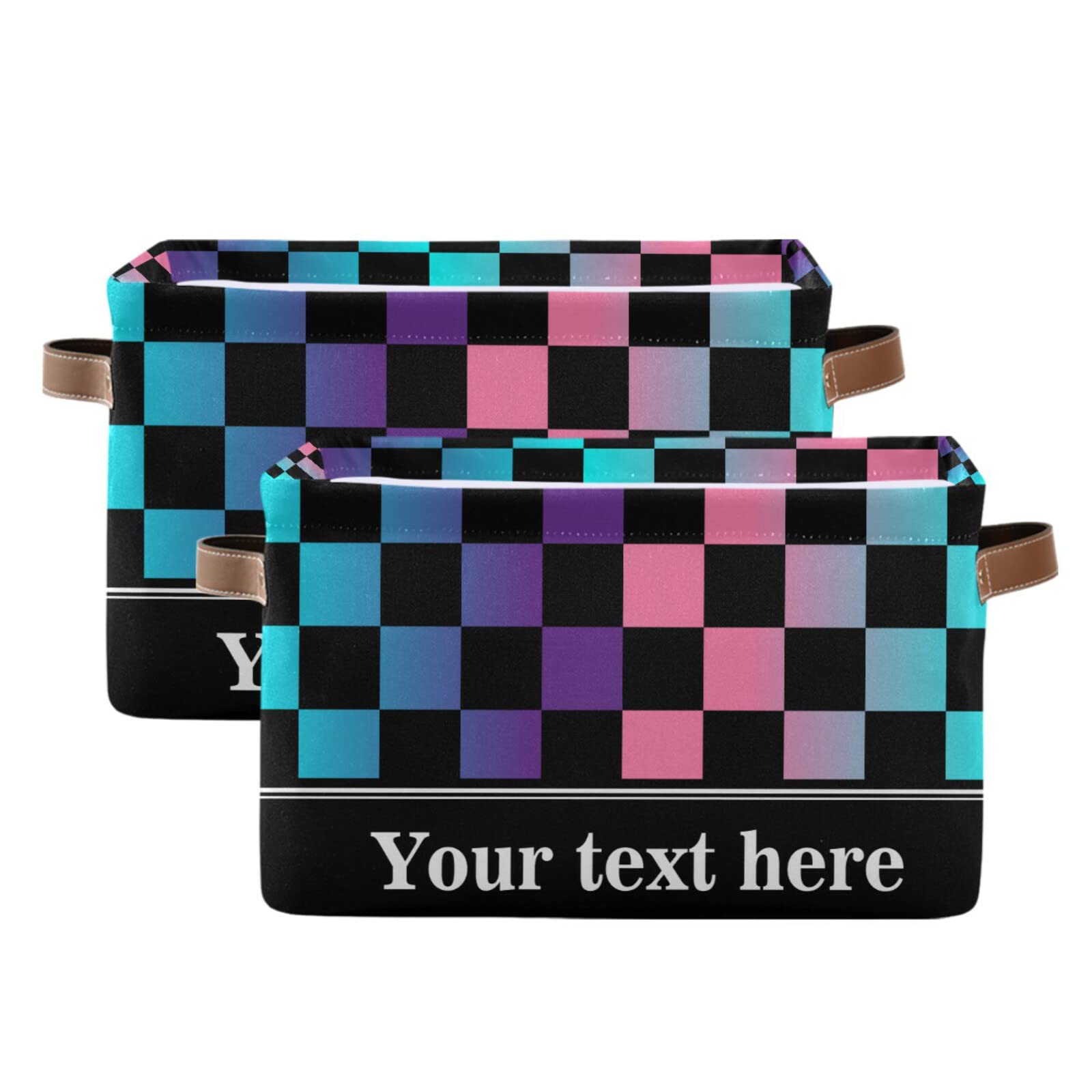 Checkerboard Plaid Storage Basket - Colorful Rectangular Collapsible Bin with Leather Handles | Home Organization & Gift Box for Bedroom, Bathroom, Nursery & Office