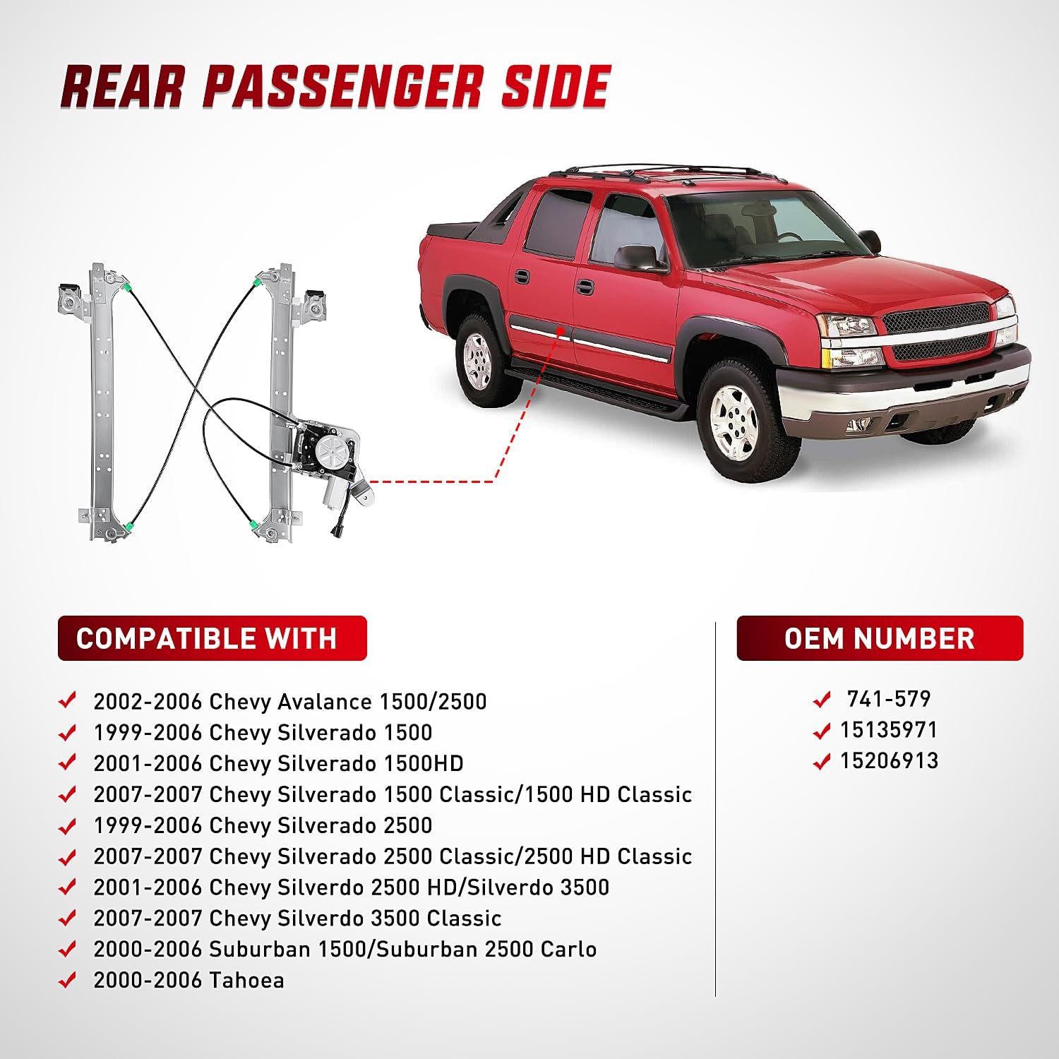 Chevrolet Avalanche Silverado Suburban & GMC Sierra Yukon XL 1500 2500 3500 Rear Passenger Side Power Window Regulator (2001-2006) - Compatible with Rear Door Window Lift Motor Replacement - Perfect for DIY Auto Repair and Window Mechanism Fixes