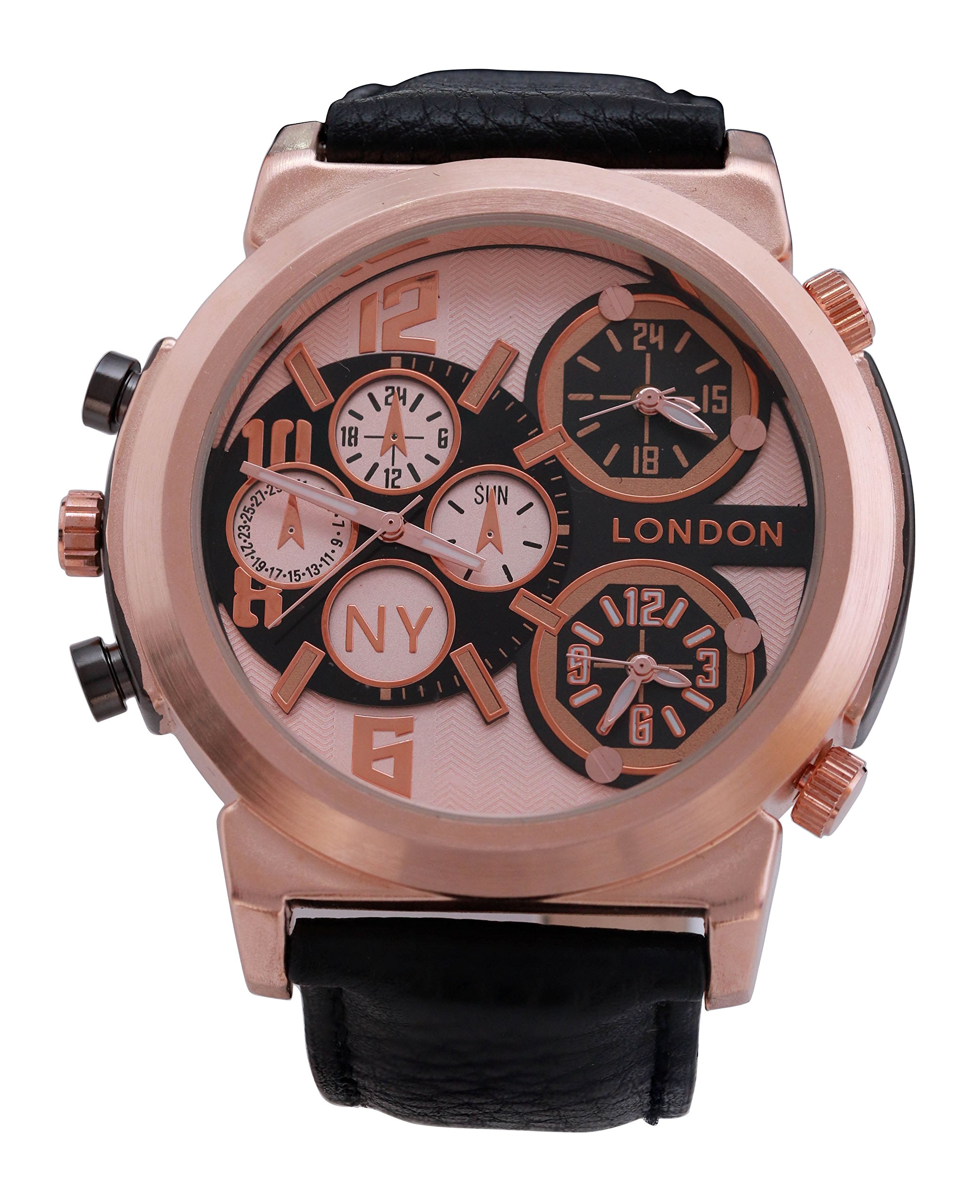 Luxury Men's Analog Quartz Watch with Rose Gold Bezel & Black Leather Strap - Triple Time Zone Display - Perfect for Business, Travel & Formal Occasions