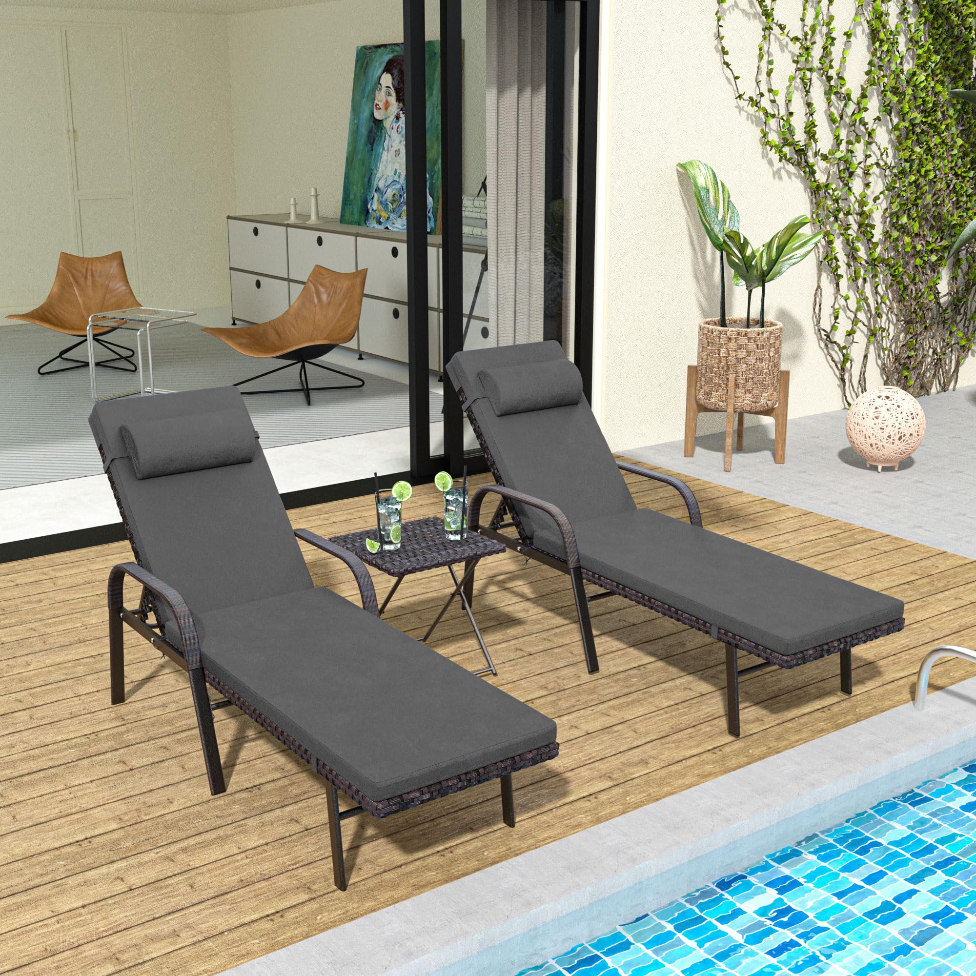 3-Piece Patio Chaise Lounge Set with Cushions - Adjustable Rattan Backrest & Folding Table - Outdoor Poolside Chairs for Porch, Backyard, Beach - Grey (Perfect for Relaxing by the Pool or Garden)