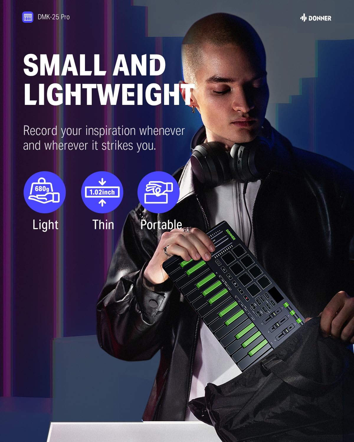 Donner DMK25 Pro 25-Key MIDI Keyboard Controller with USB-C, 8 Drum Pads & OLED Display - Portable Music Production Keyboard for Beginners with Touch Bar, Software & 40 Lessons - Perfect for Home Studio & Live Performances (Green)