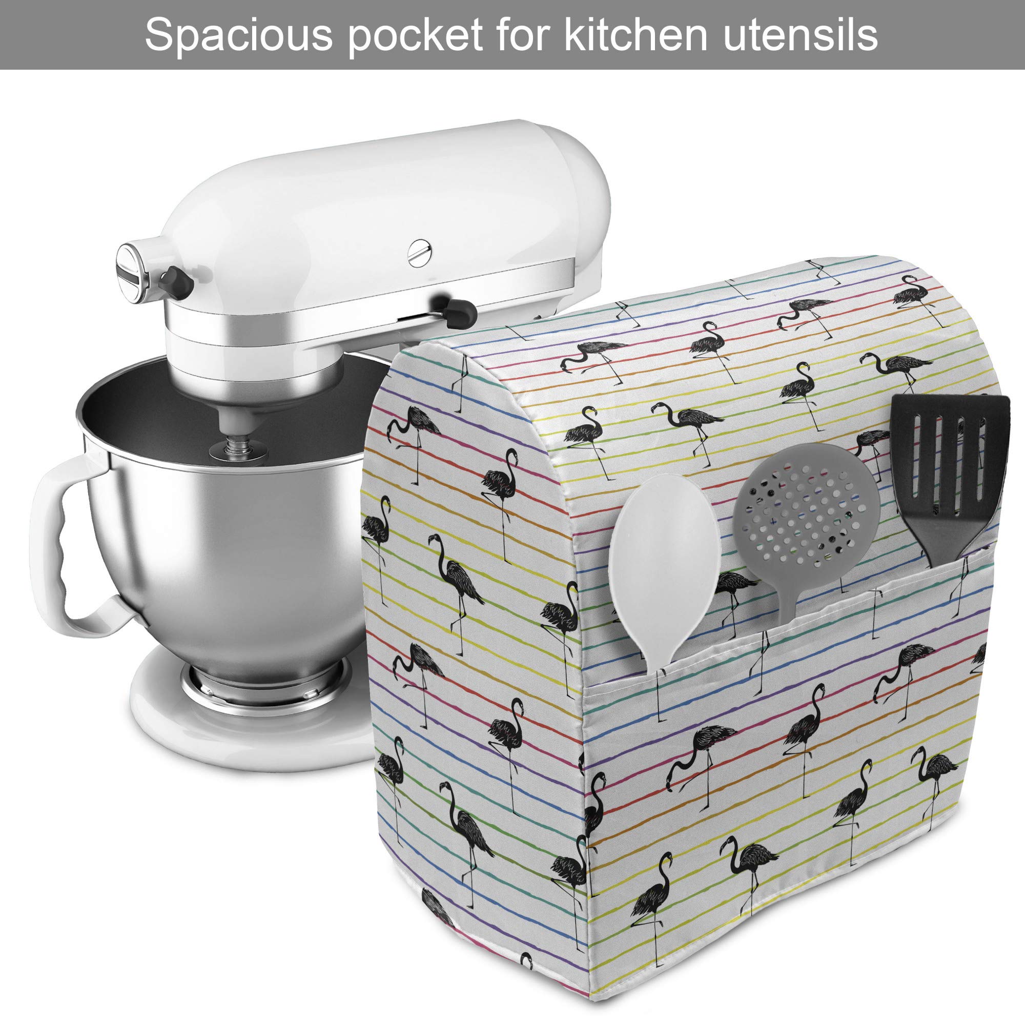 Ambesonne Flamingo Stand Mixer Cover - Exotic Birds Rainbow Gradient Stripes Kitchen Appliance Organizer with Pocket (Fits 6-8 Quarts) | Perfect for Tropical Themed Kitchens, Summer Baking & Home Decor