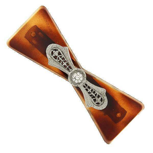 Vintage 1928 Brown Tortoise Shell Filigree Hair Barrette with Crystal Accents - Perfect for Weddings, Parties & Everyday Elegance