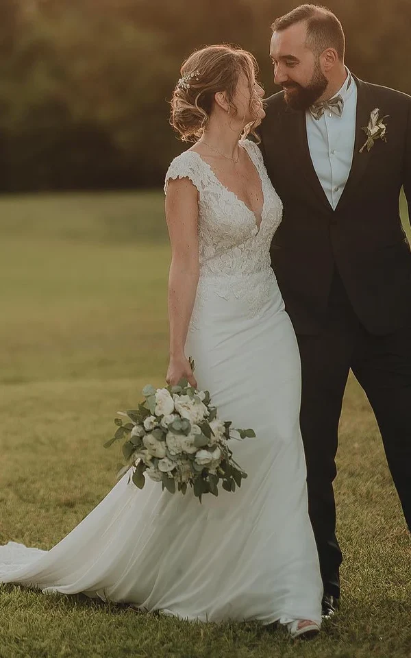 Elegant Mermaid V-Neck White Lace Wedding Dress J4353 | Perfect for Beach Weddings, Vow Renewals & Romantic Photoshoots