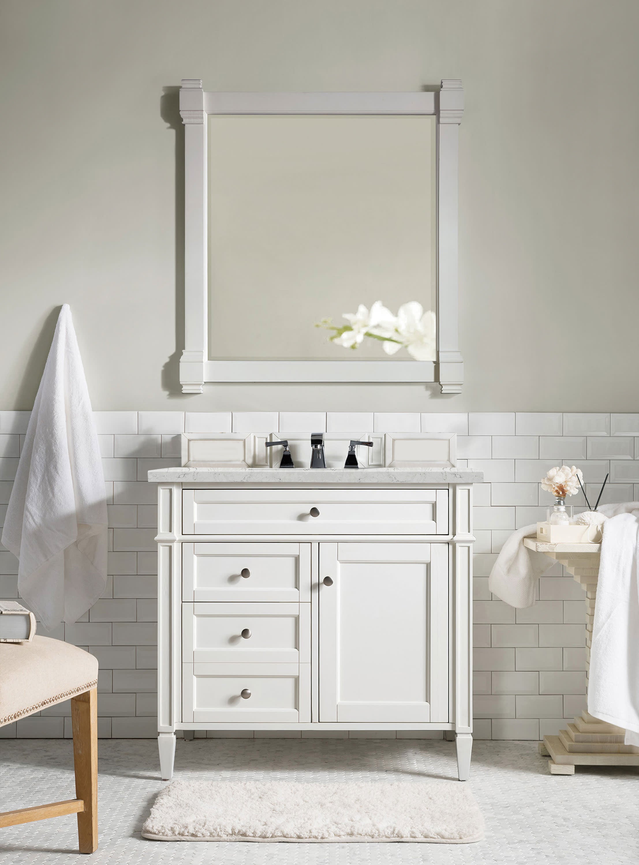 Brittany 36-Inch Bright White Bathroom Vanity with 3CM Eternal Jasmine Pearl Quartz Countertop – Perfect for Modern Master Bath & Powder Room Remodels