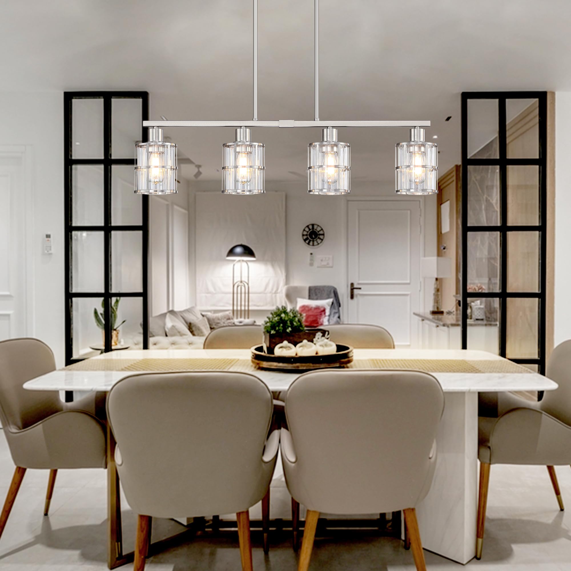 Modern 4-Light Brushed Nickel Pendant Chandelier - Clear Glass Shade for Kitchen Island, Dining Room, Bar & Café Ceiling Lighting Fixture | Perfect for Home Decor & Commercial Spaces