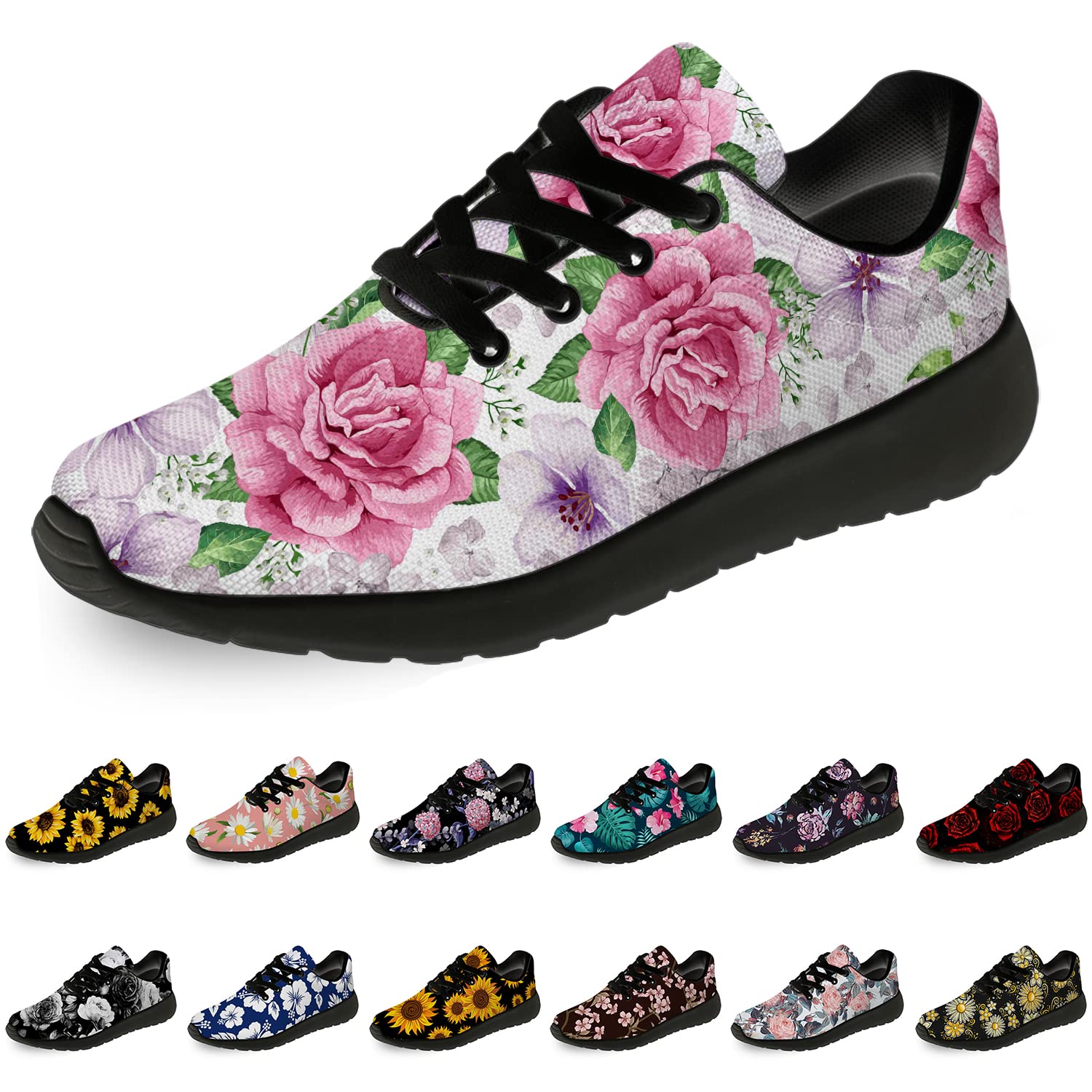 Rose Flower Running Shoes for Women & Men - Comfortable Walking & Tennis Sneakers with Hydrangea Design - Perfect Gift for Boys & Girls - Size 8 Men/9.5 Women in Black - Ideal for Jogging, Gym Workouts & Casual Wear