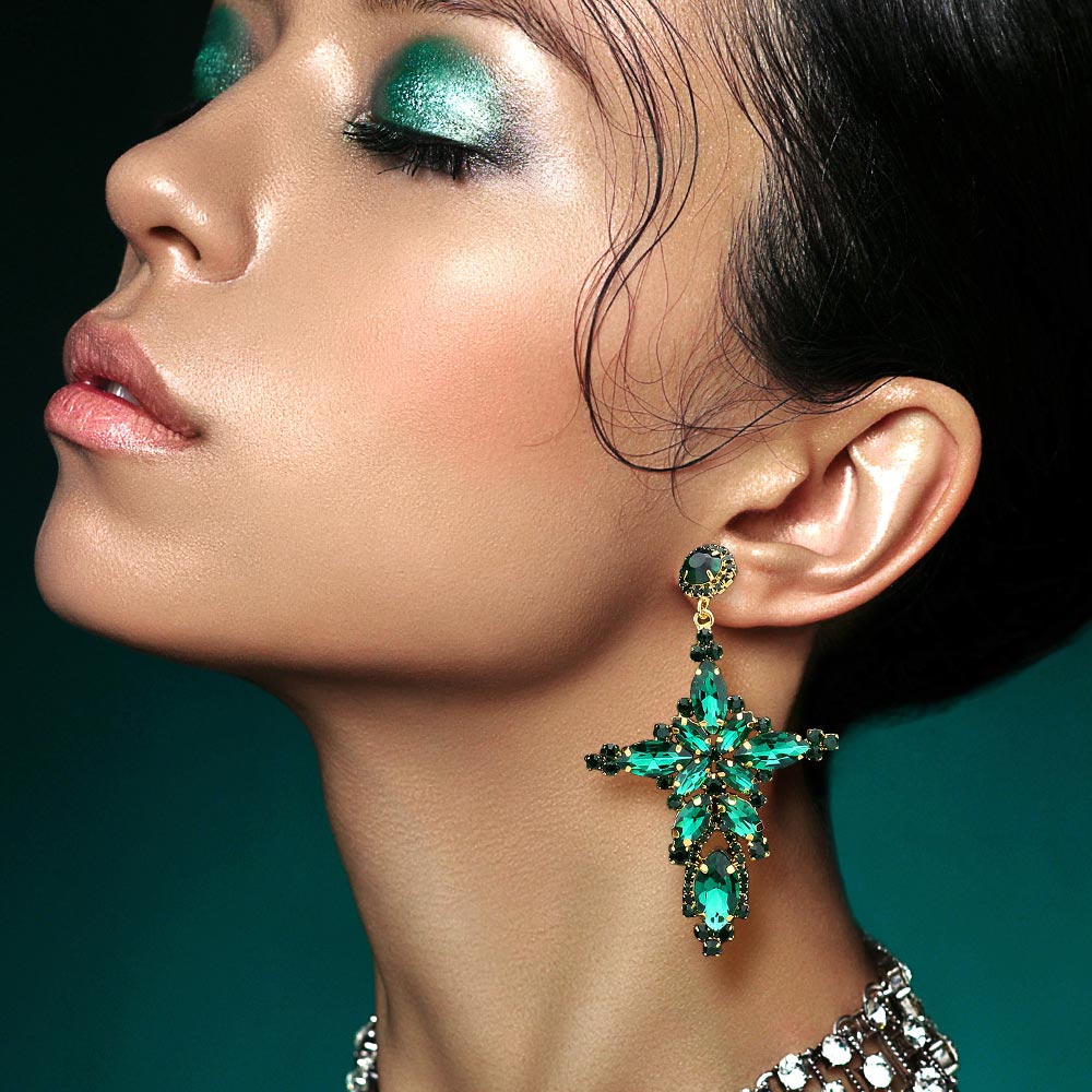 Emerald Marquise Stone Cluster Cross Dangle Evening Earrings for Women | Elegant Drop Earrings for Party, Wedding & Formal Events | Hypoallergenic Fashion Jewelry Gift