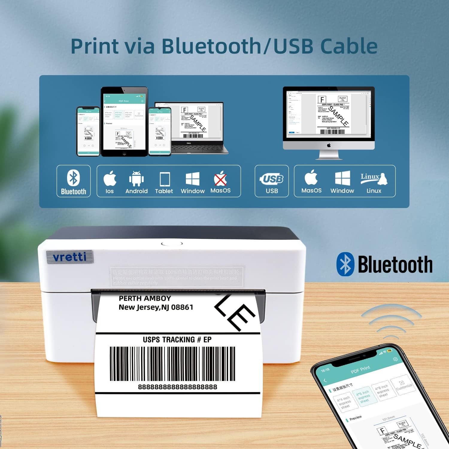 Vretti Bluetooth Thermal Label Printer 4x6 - Wireless Shipping Label Printer for USPS, UPS, FedEx | Compatible with iPhone, Android, Windows & Mac | Perfect for Small Business, E-commerce & Home Shipping