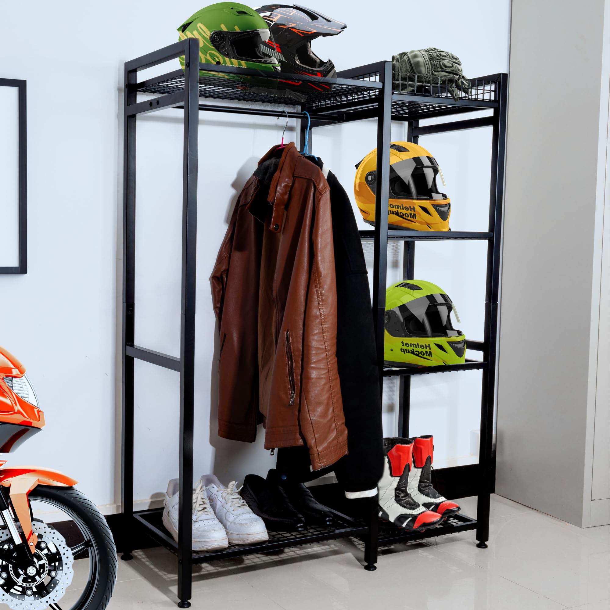 Motorcycle Helmet Holder & Gear Storage Rack - Heavy Duty Helmet Stand for Helmets, Jackets, Gloves & Boots - Perfect for Garage, Showroom & Motorcycle Accessories Display