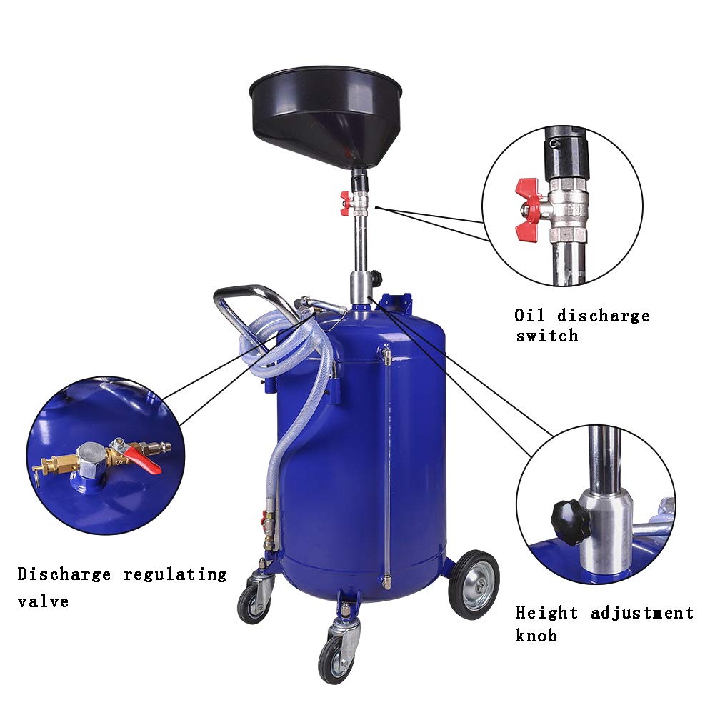 Redsun 30 Gallon Portable Oil Drain Tank - Air Operated, Adjustable Funnel Height with Wheels for Easy Oil Removal (Blue) - Ideal for Automotive Shops, DIY Oil Changes & Industrial Maintenance