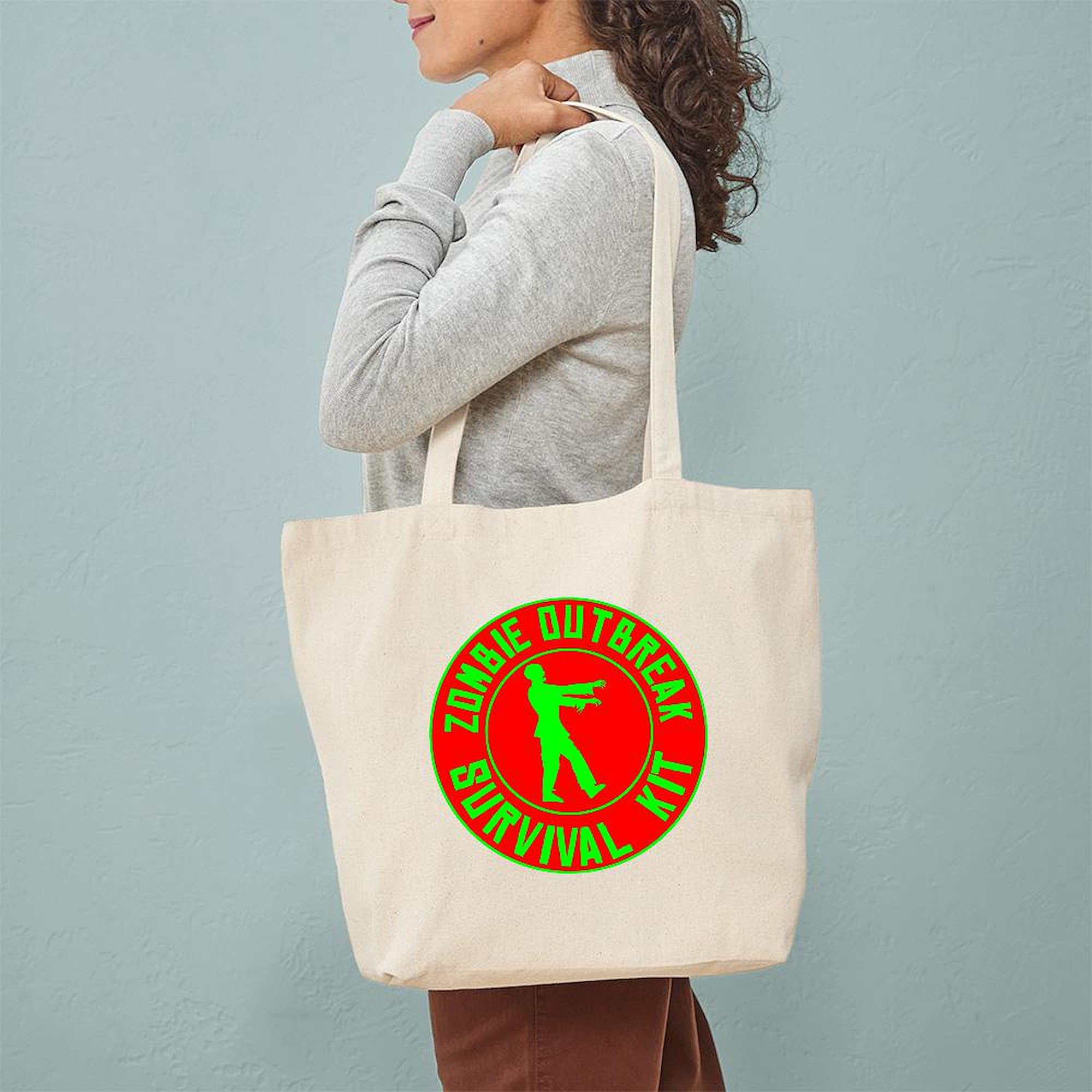 Zombie Outbreak Survival Kit Tote Bag - Natural Canvas Reusable Shopping Bag for Groceries, Beach & Apocalypse Preparedness