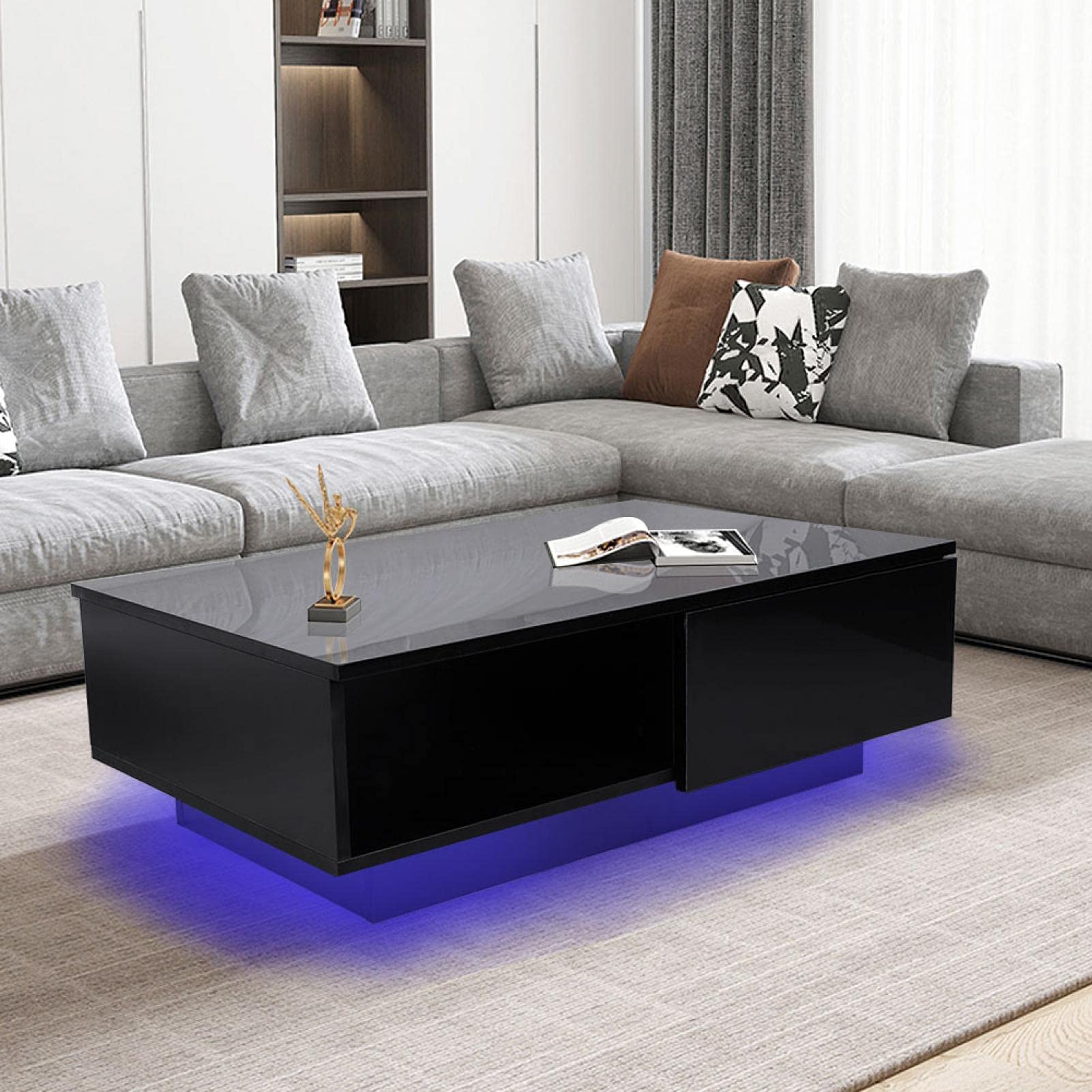 Modern High Gloss LED Coffee Table with Storage Drawer - 37.4 x 23.6 x 12.4 Inches Black Living Room Furniture for Small Spaces, Home Decor & Entertaining Guests