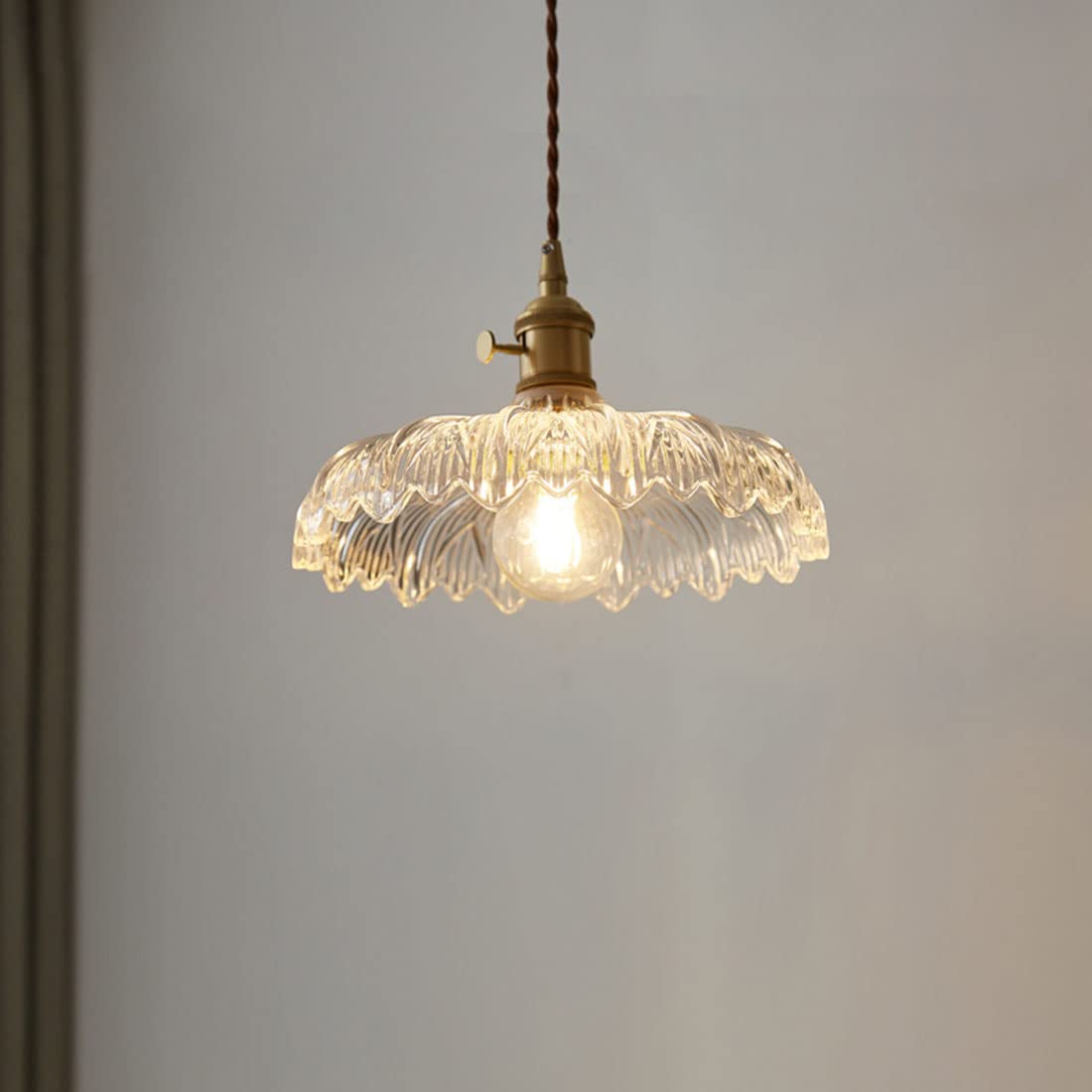 Modern Brass Pendant Light Fixture - Industrial Glass Ceiling Hanging Lamp with Scalloped Shade - Clear Glass Lighting for Bedroom, Living Room, Dining Room & Kitchen (7.9 Inch) - Perfect for Farmhouse, Loft & Industrial Style Decor